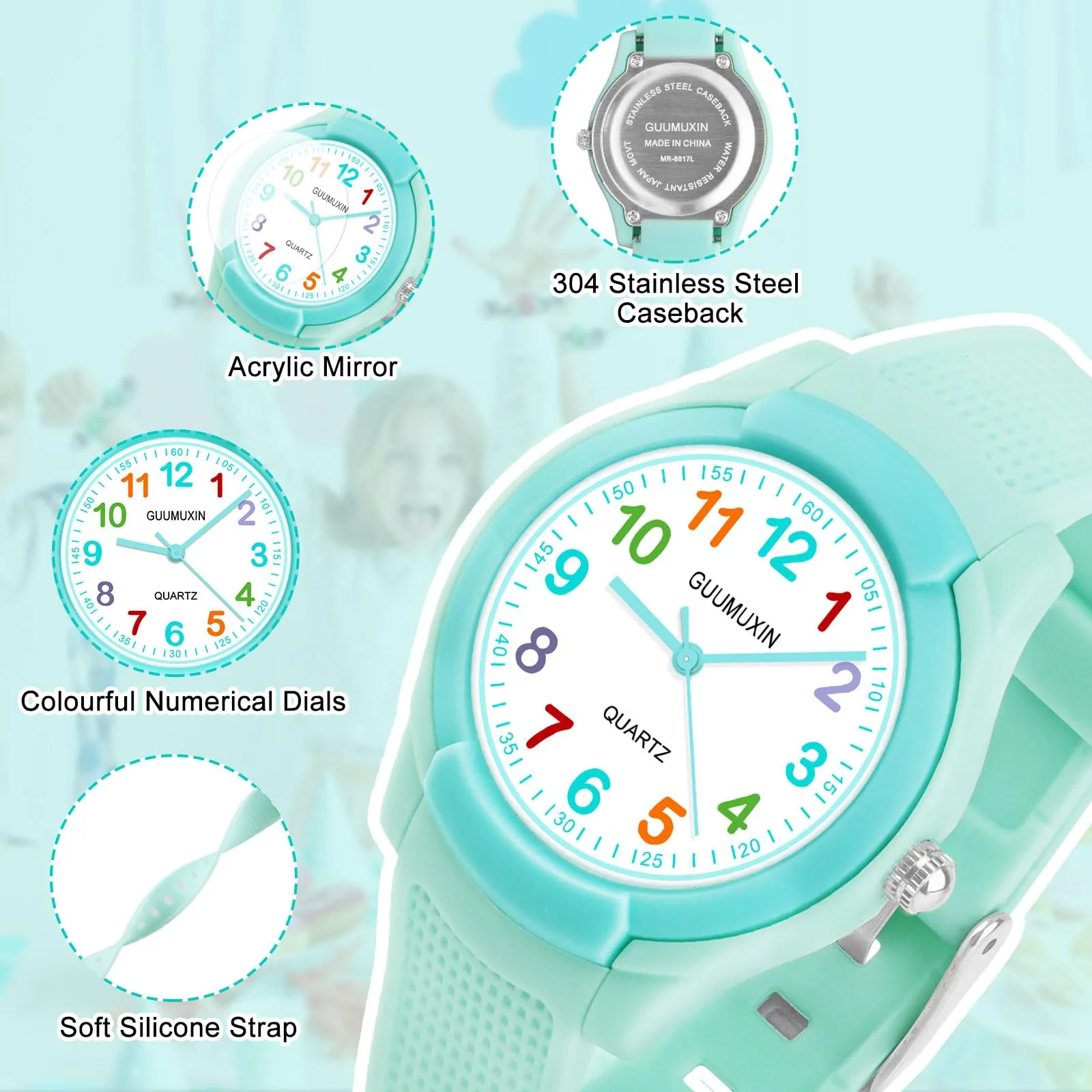 GUUMUXIN Orologio Analogico per Bambini 4-12 Anni, Impermeabile 30m, Cinturino TPU - immagine 3