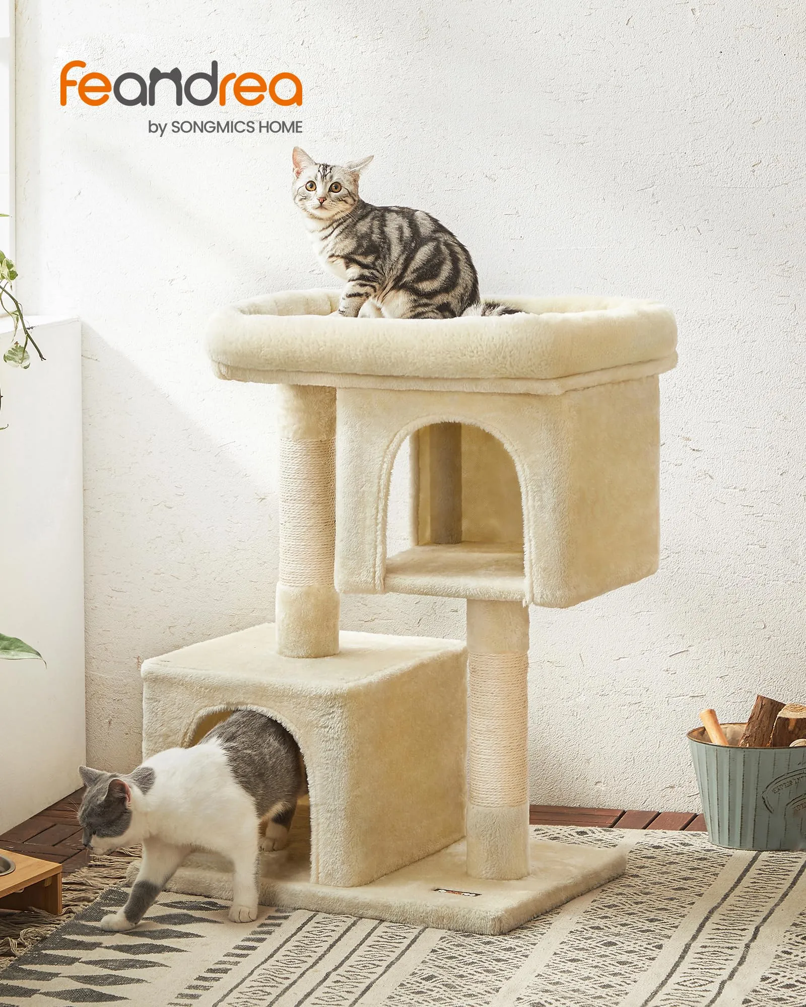 Feandrea Albero per Gatti con Tiragraffi, 2 Grotte, 79.6 cm, Beige - immagine 2