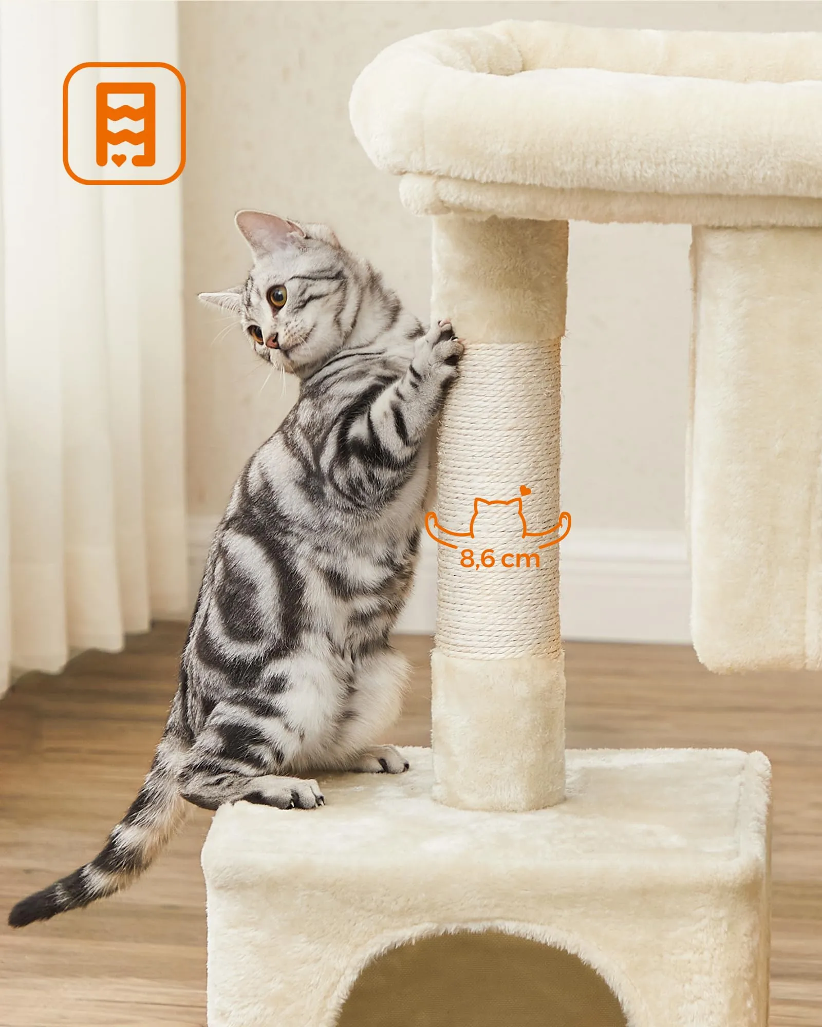 Feandrea Albero per Gatti con Tiragraffi, 2 Grotte, 79.6 cm, Beige - immagine 5