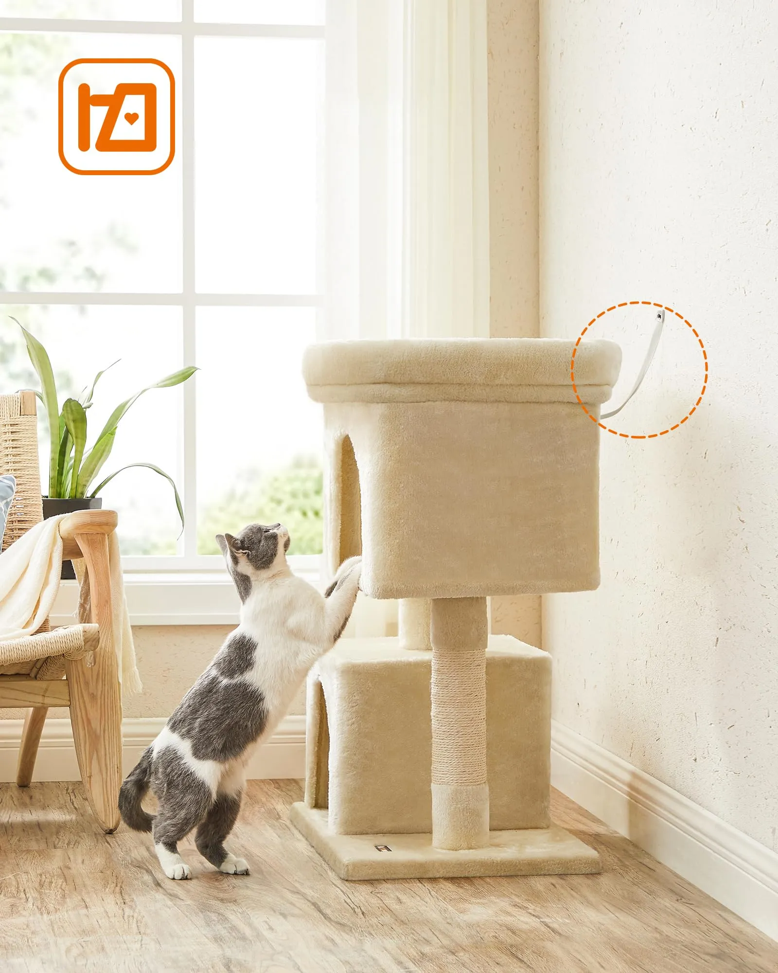 Feandrea Albero per Gatti con Tiragraffi, 2 Grotte, 79.6 cm, Beige - immagine 9