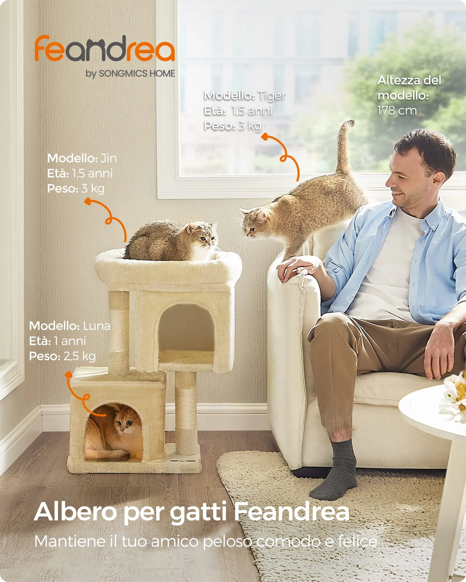 Feandrea Albero per Gatti con Tiragraffi e 2 Grotte, S, 65 cm, Beige - immagine 3