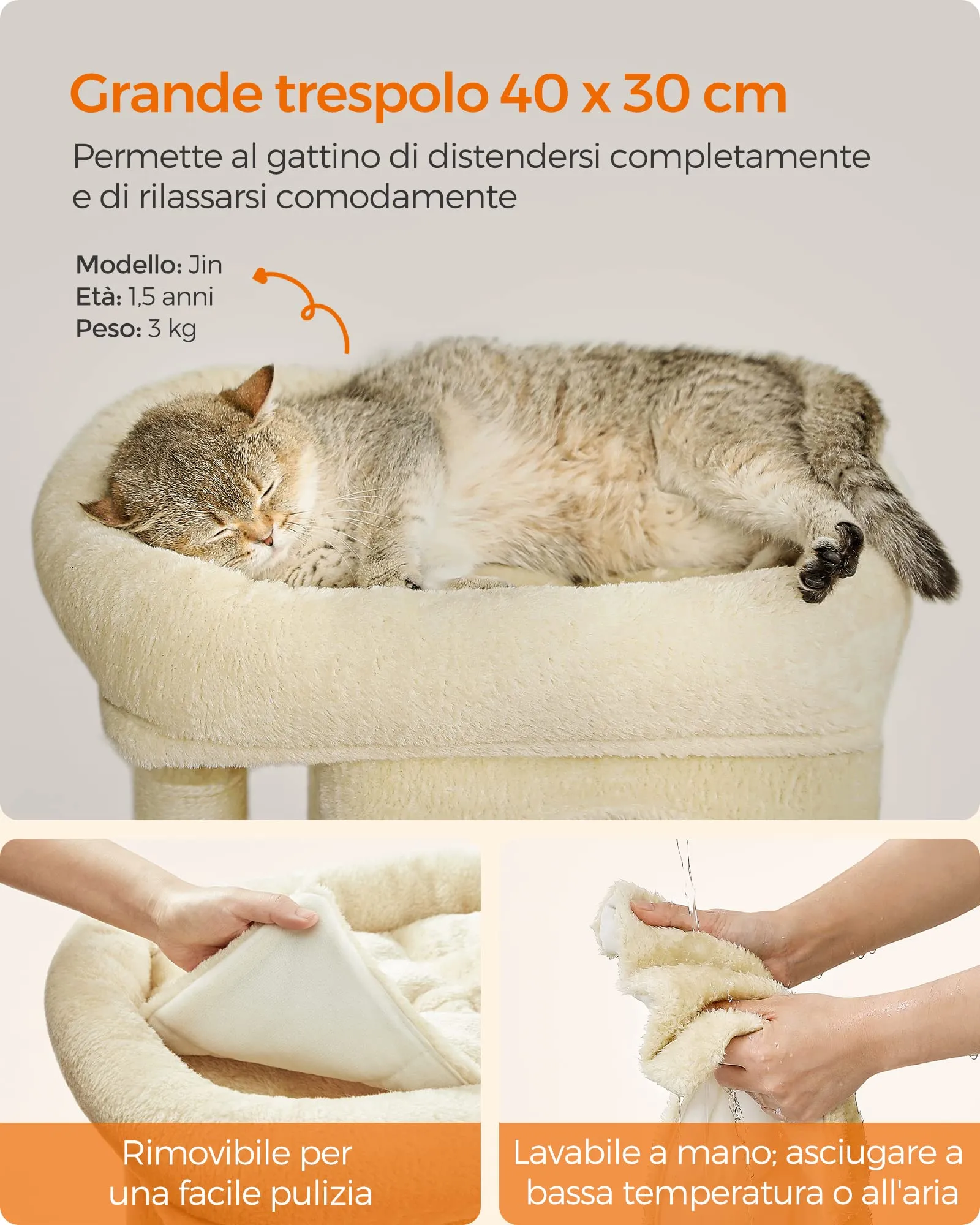 Feandrea Albero per Gatti con Tiragraffi e 2 Grotte, S, 65 cm, Beige - immagine 4