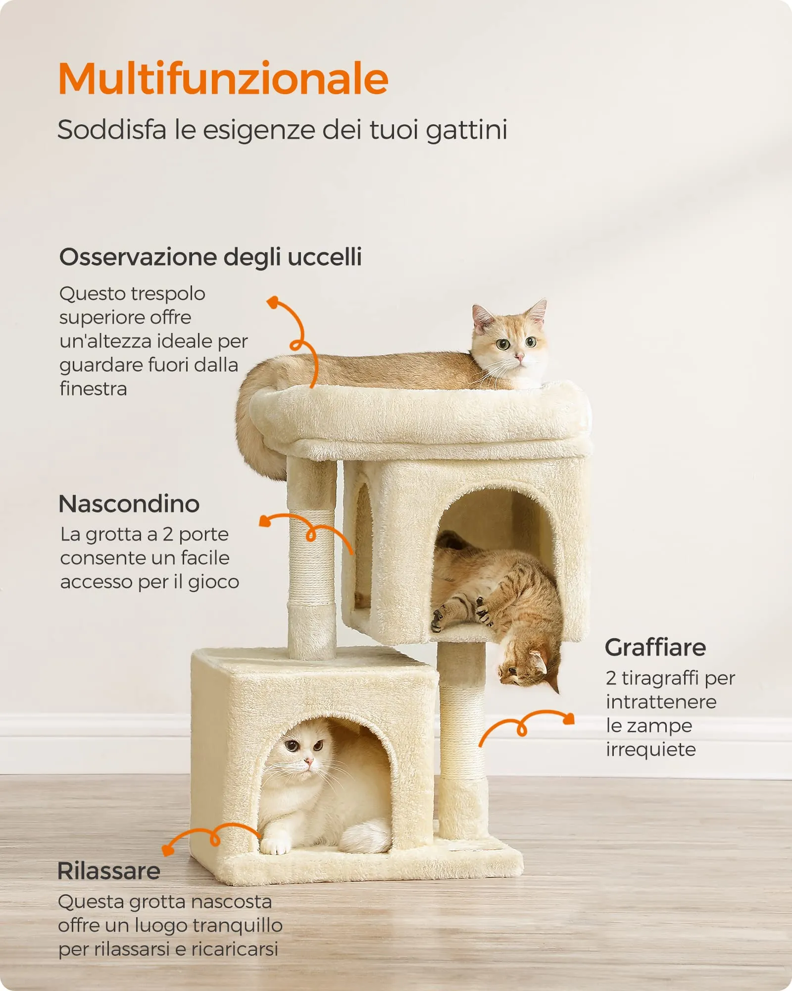 Feandrea Albero per Gatti con Tiragraffi e 2 Grotte, S, 65 cm, Beige - immagine 5