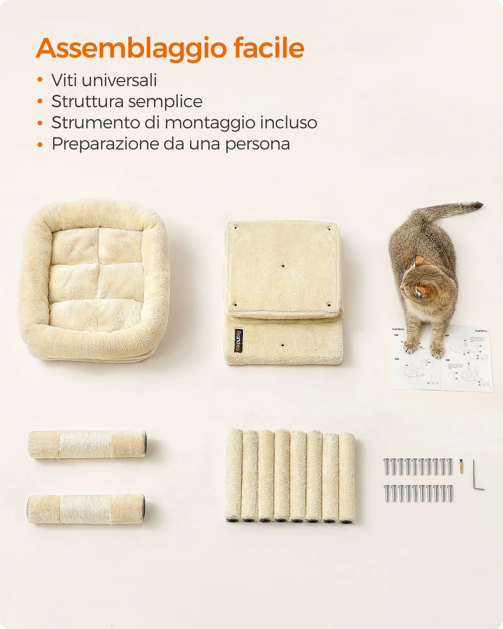 Feandrea Albero per Gatti con Tiragraffi e 2 Grotte, S, 65 cm, Beige - immagine 6