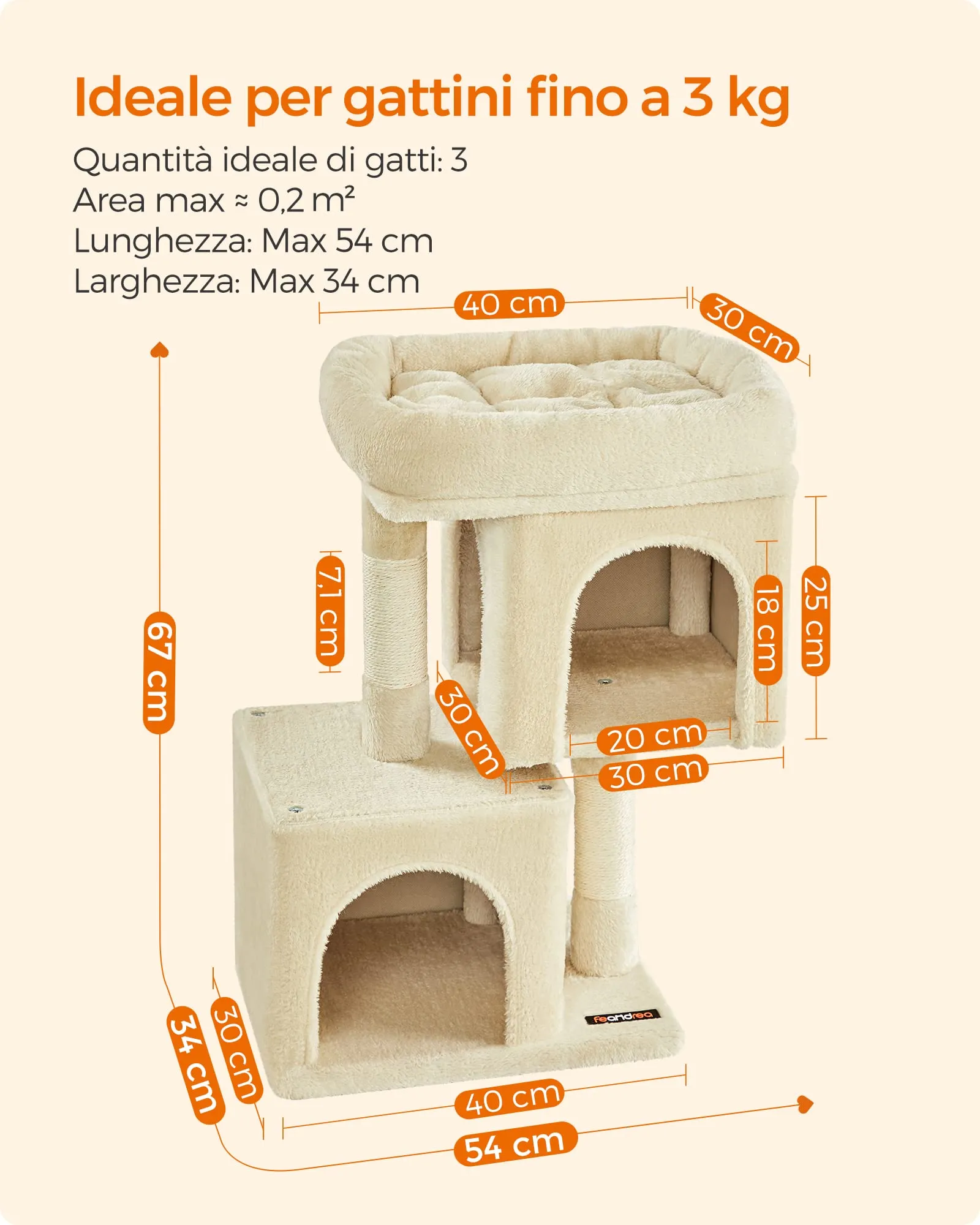 Feandrea Albero per Gatti con Tiragraffi e 2 Grotte, S, 65 cm, Beige - immagine 7