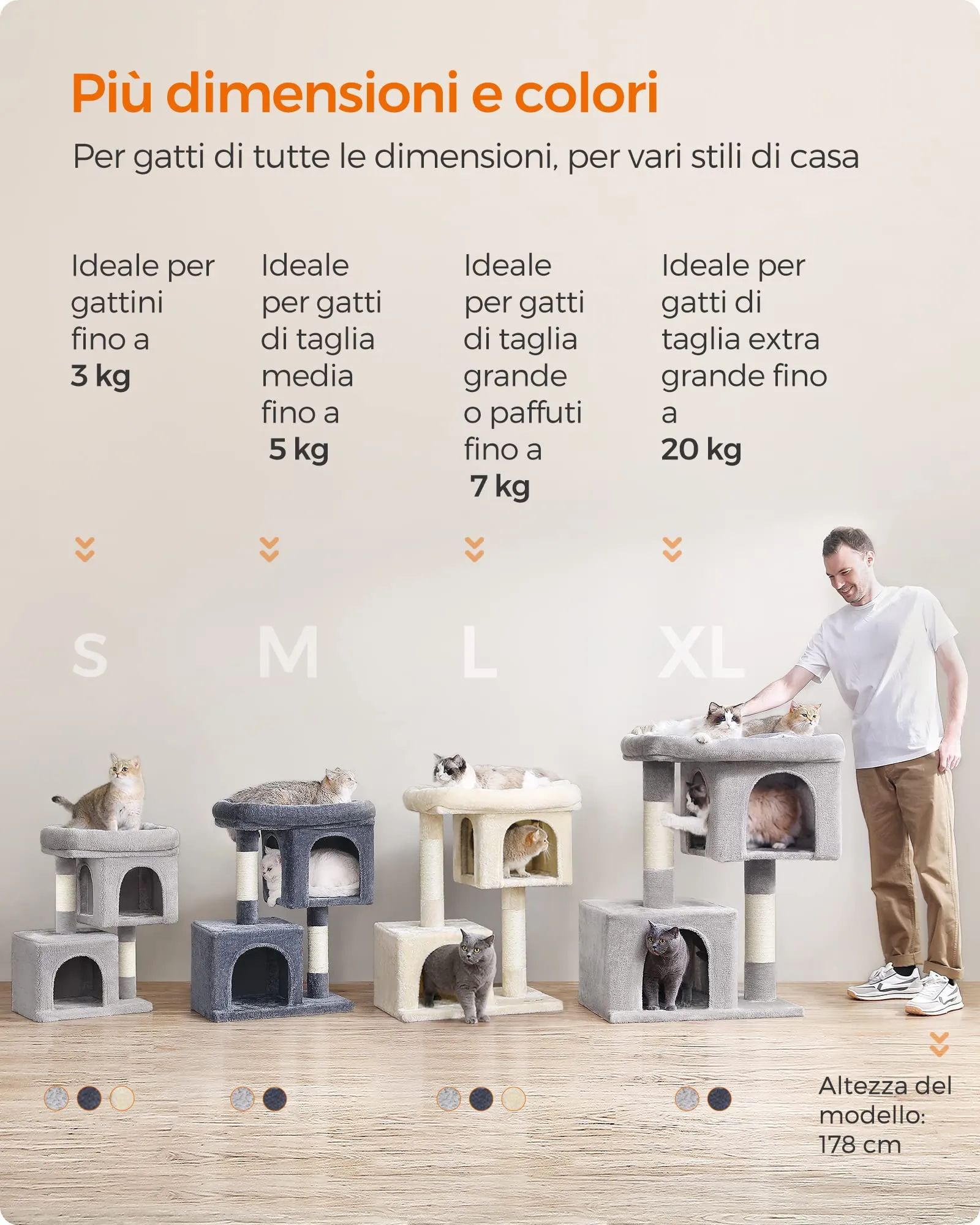 Feandrea Albero per Gatti con Tiragraffi e 2 Grotte, S, 65 cm, Beige - immagine 8