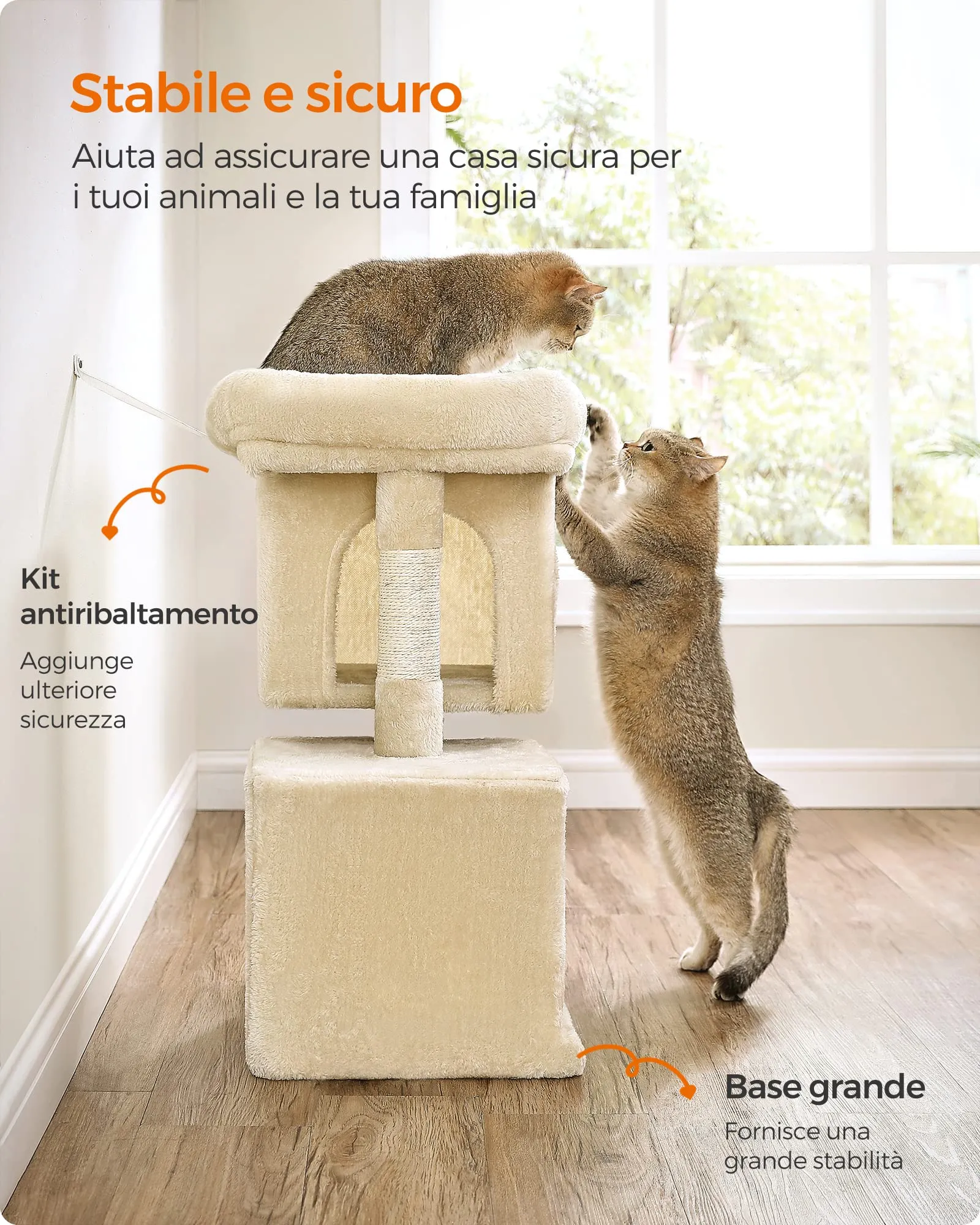 Feandrea Albero per Gatti con Tiragraffi e 2 Grotte, S, 65 cm, Beige - immagine 9