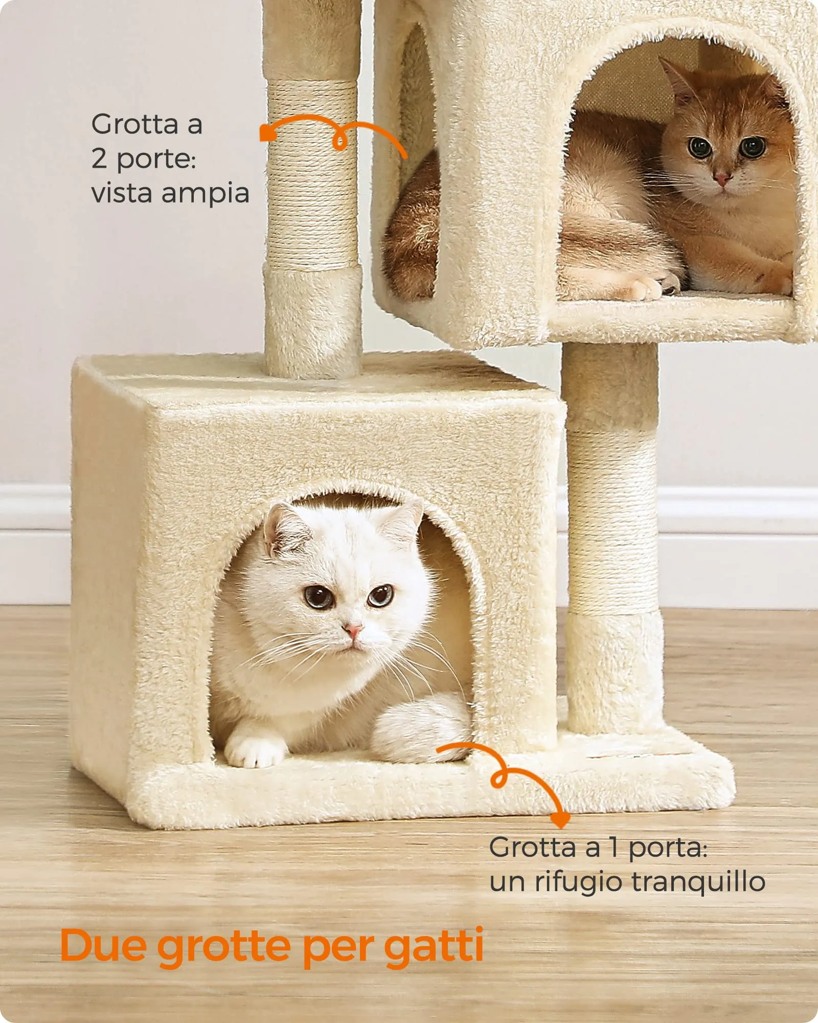 Feandrea Albero per Gatti con Tiragraffi e 2 Grotte, S, 65 cm, Beige - immagine 10