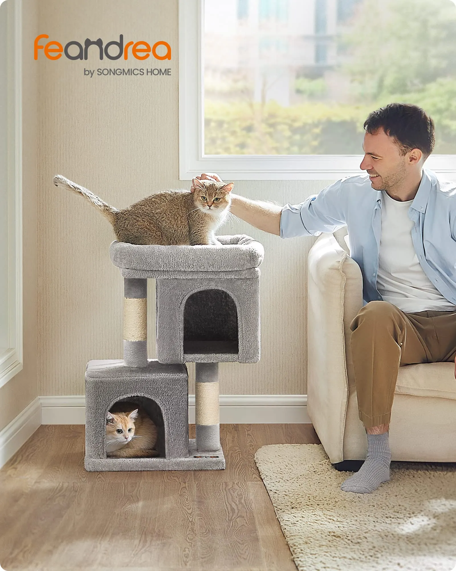 Feandrea Albero per Gatti con Tiragraffi, 65 cm, 2 Grotte, Grigio Chiaro - immagine 2