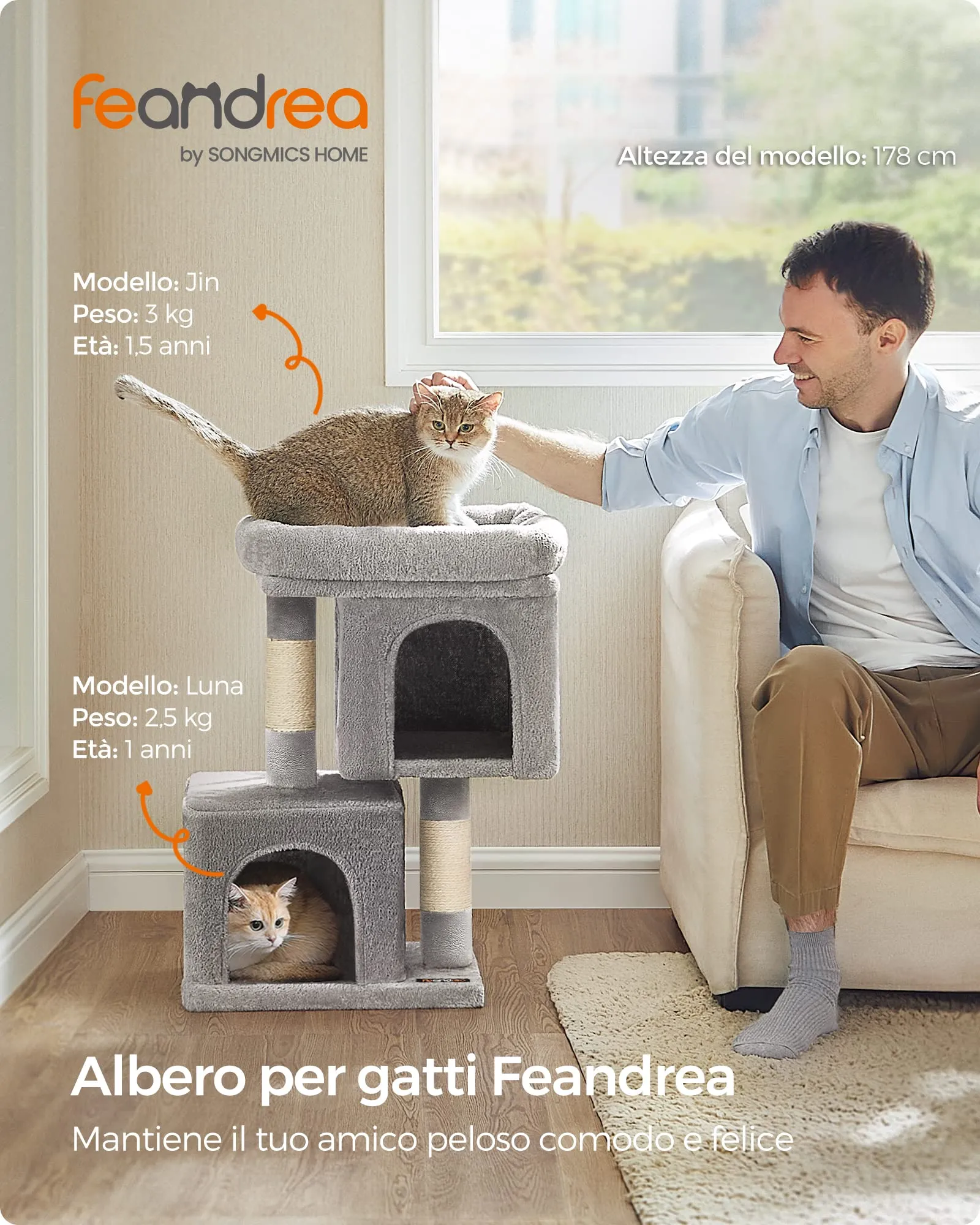 Feandrea Albero per Gatti con Tiragraffi, 65 cm, 2 Grotte, Grigio Chiaro - immagine 3