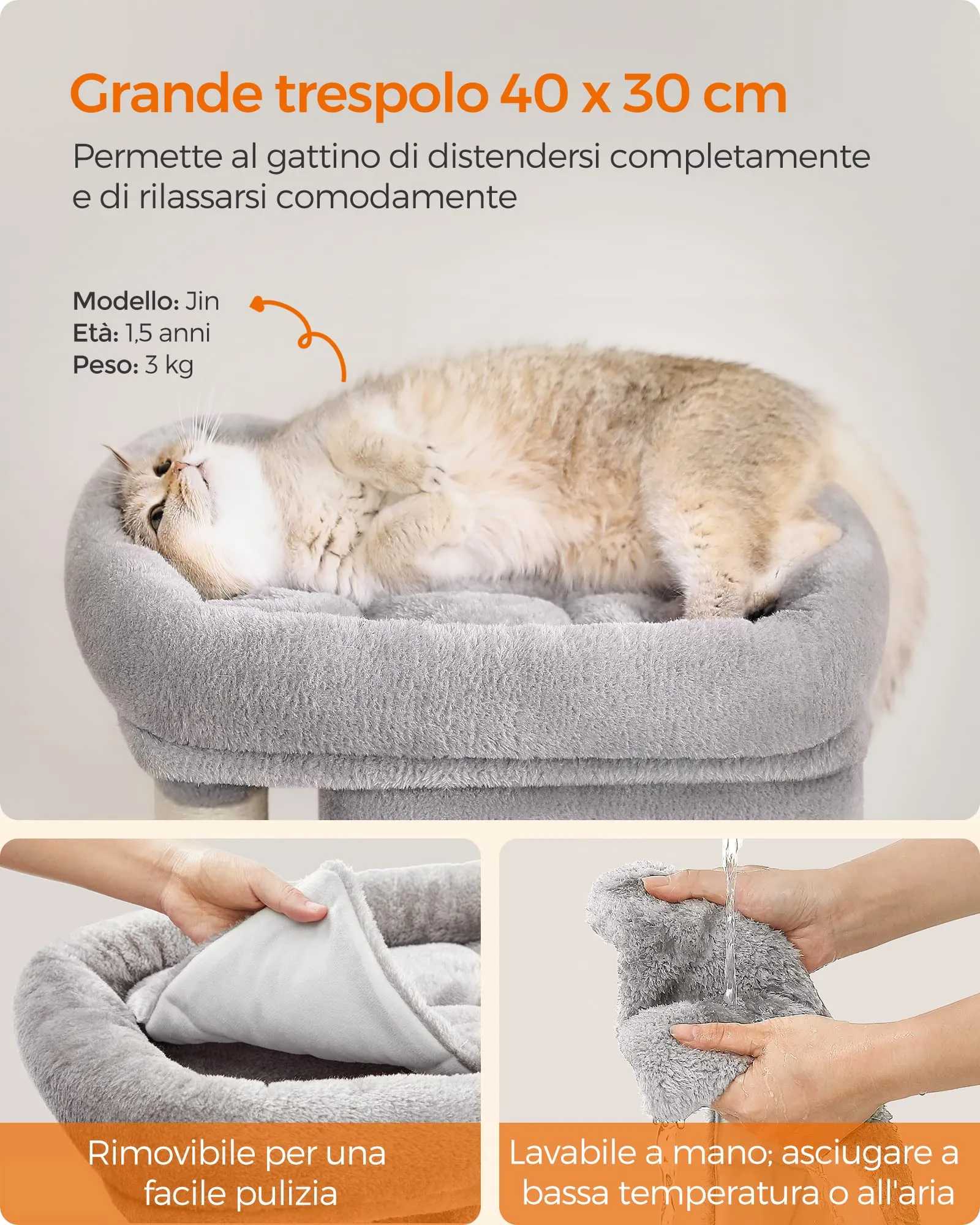 Feandrea Albero per Gatti con Tiragraffi, 65 cm, 2 Grotte, Grigio Chiaro - immagine 4