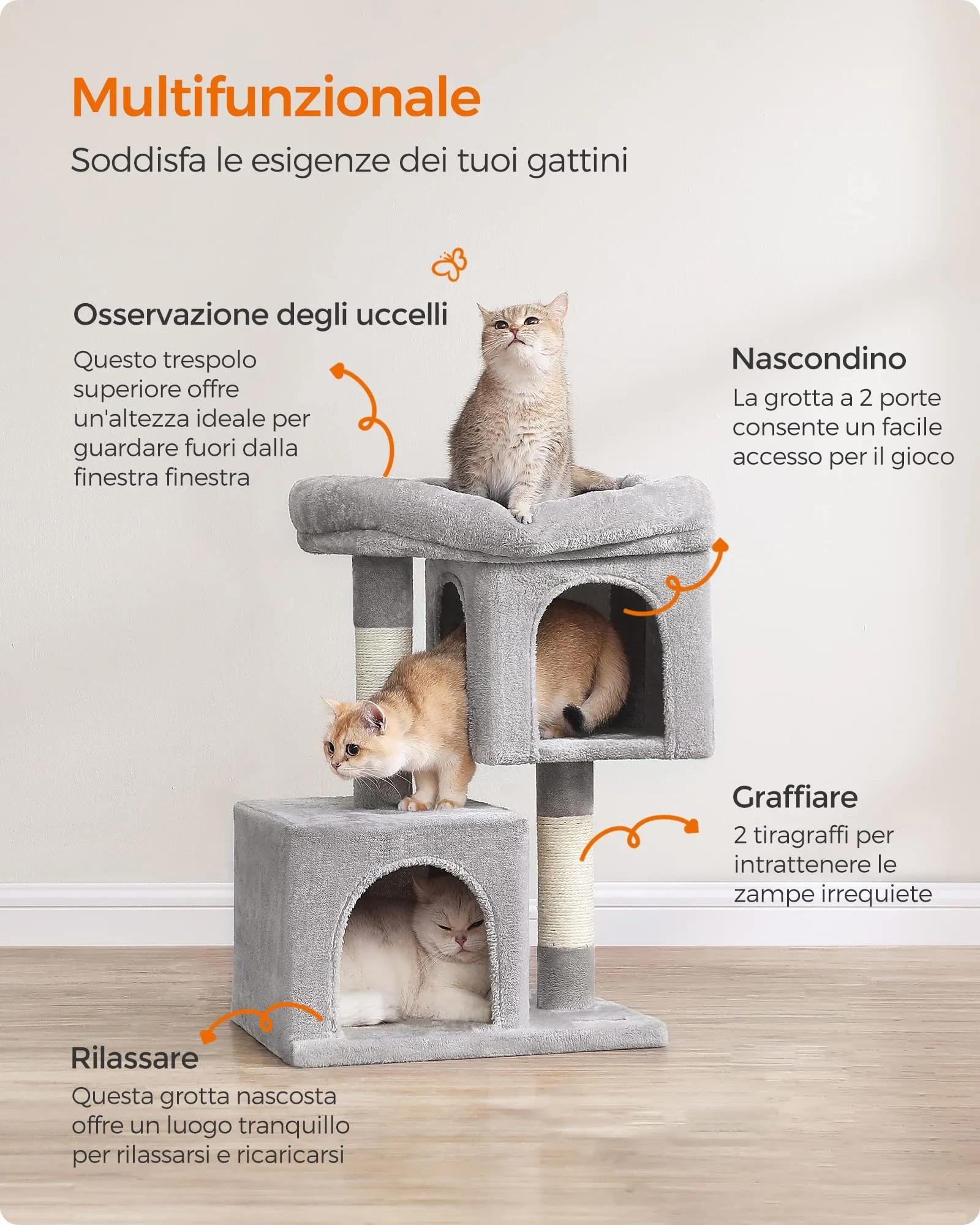 Feandrea Albero per Gatti con Tiragraffi, 65 cm, 2 Grotte, Grigio Chiaro - immagine 5