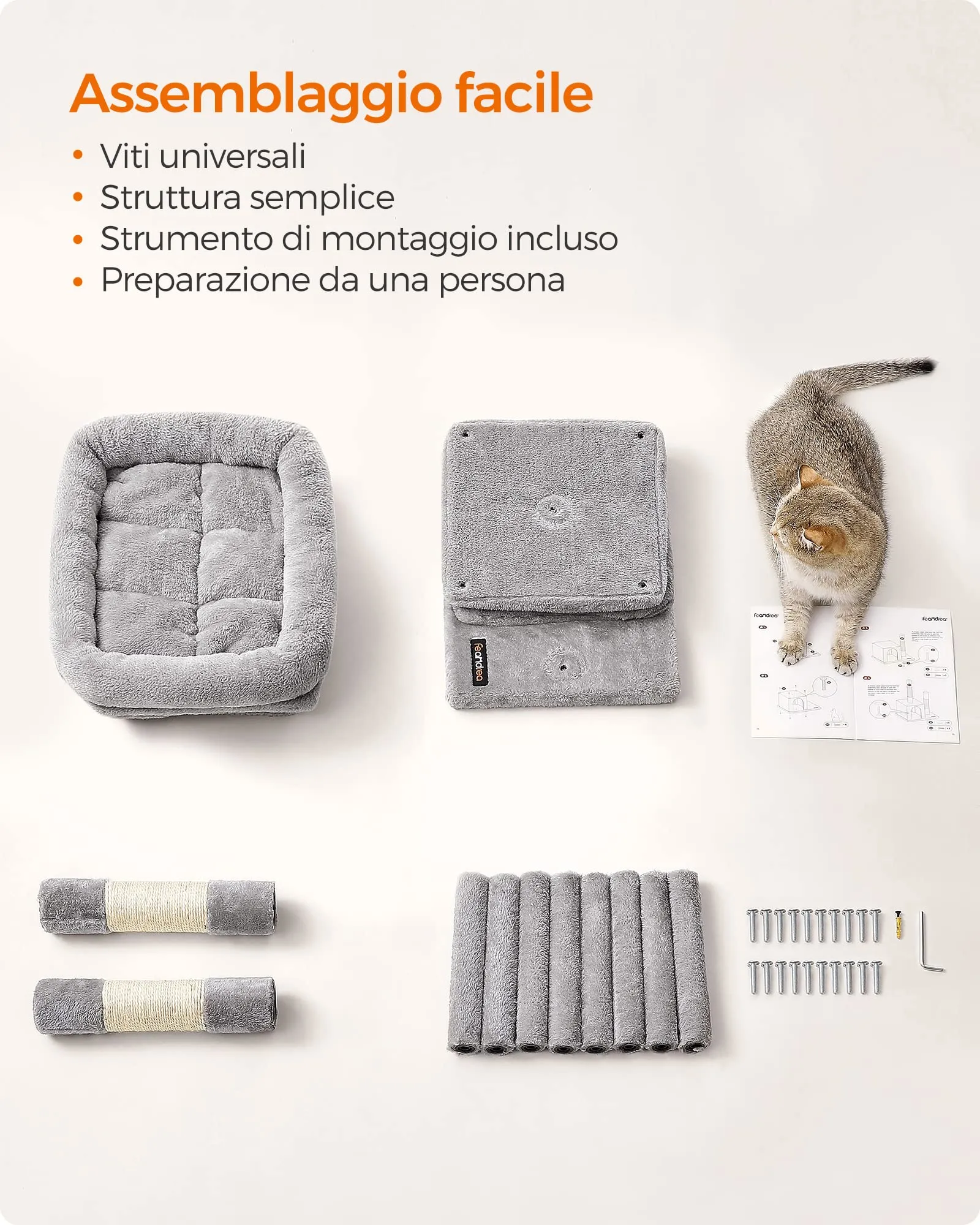 Feandrea Albero per Gatti con Tiragraffi, 65 cm, 2 Grotte, Grigio Chiaro - immagine 6