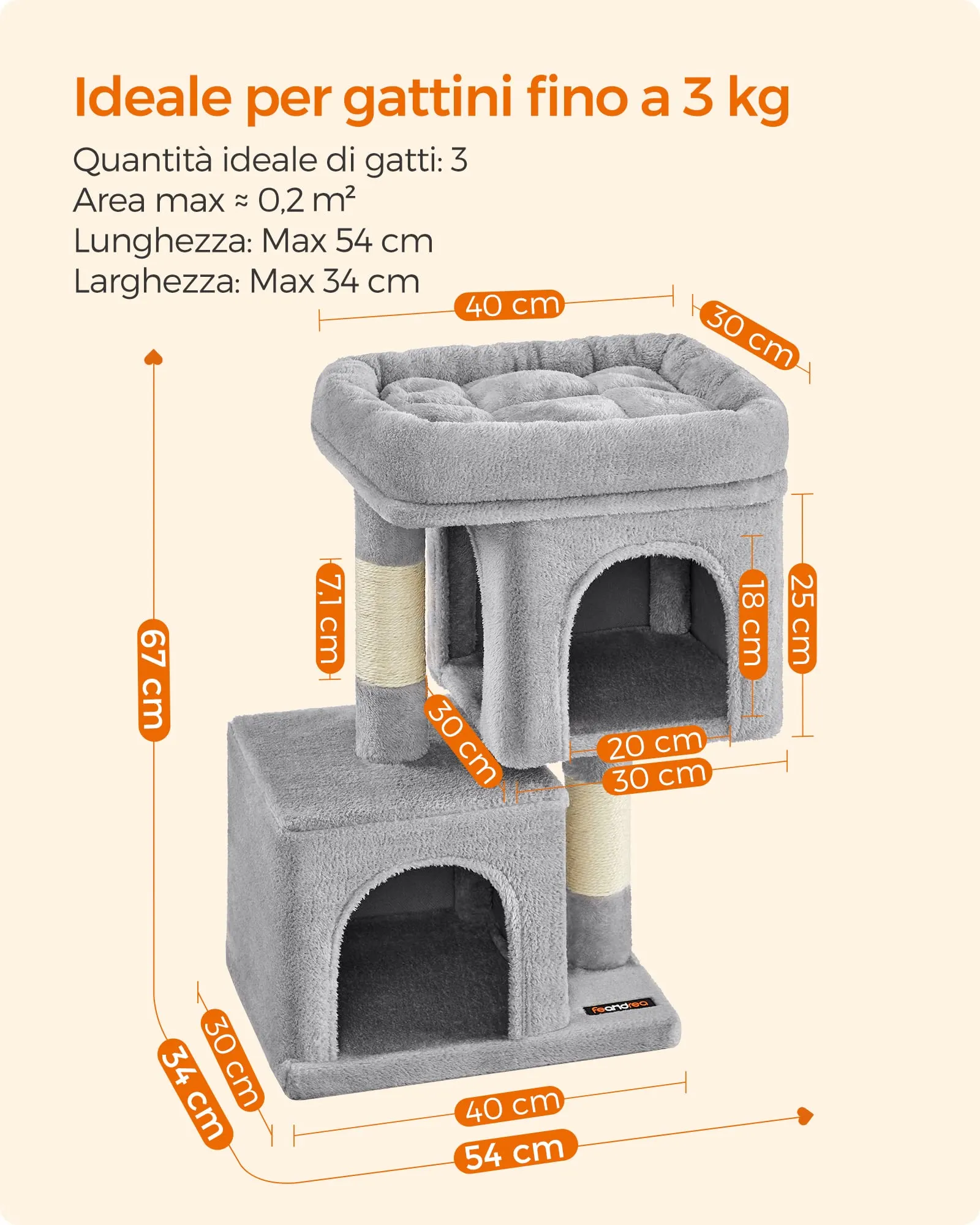 Feandrea Albero per Gatti con Tiragraffi, 65 cm, 2 Grotte, Grigio Chiaro - immagine 7