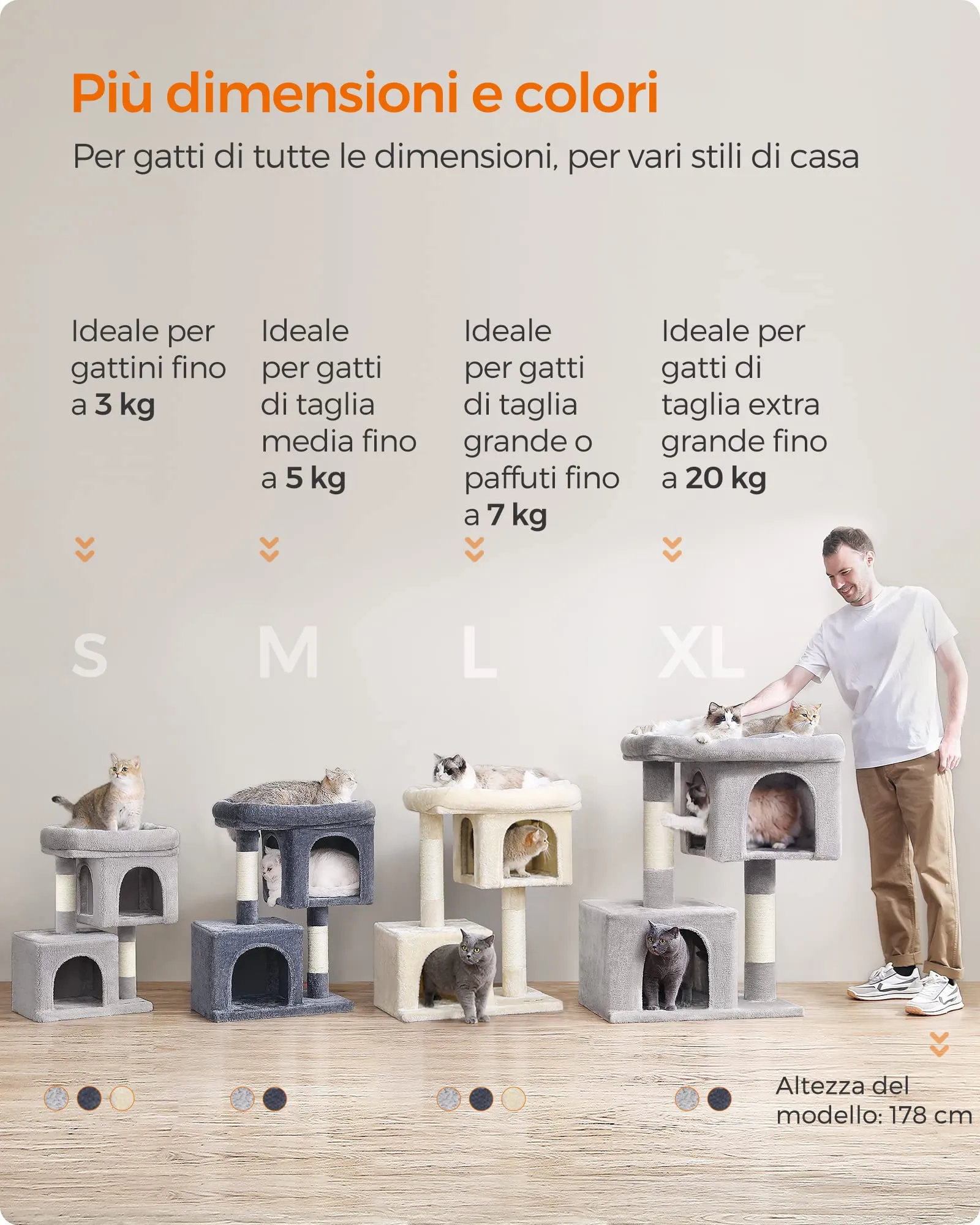 Feandrea Albero per Gatti con Tiragraffi, 65 cm, 2 Grotte, Grigio Chiaro - immagine 8