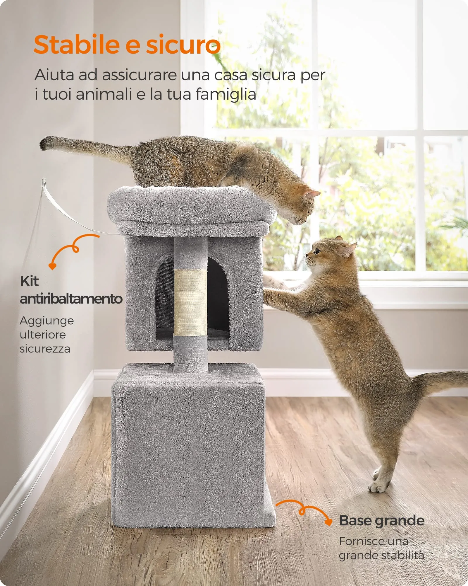 Feandrea Albero per Gatti con Tiragraffi, 65 cm, 2 Grotte, Grigio Chiaro - immagine 9