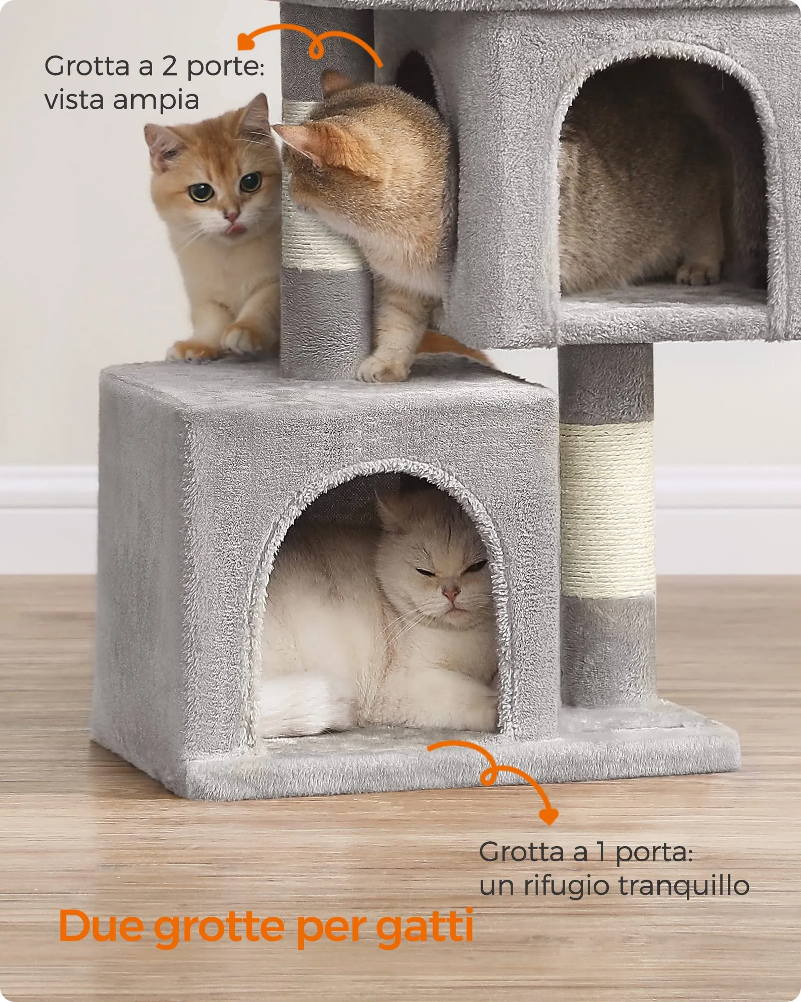 Feandrea Albero per Gatti con Tiragraffi, 65 cm, 2 Grotte, Grigio Chiaro - immagine 10