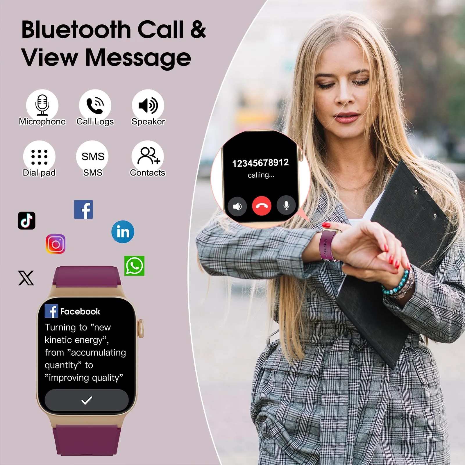 STECEi Smartwatch Uomo Donna, Schermo HD 1.85'', Chiamate Bluetooth, 112 Modalità Sportive, Cardiofrequenzimetro, Monitoraggio Sonno, IP68 Impermeabile, Borgogna - immagine 3