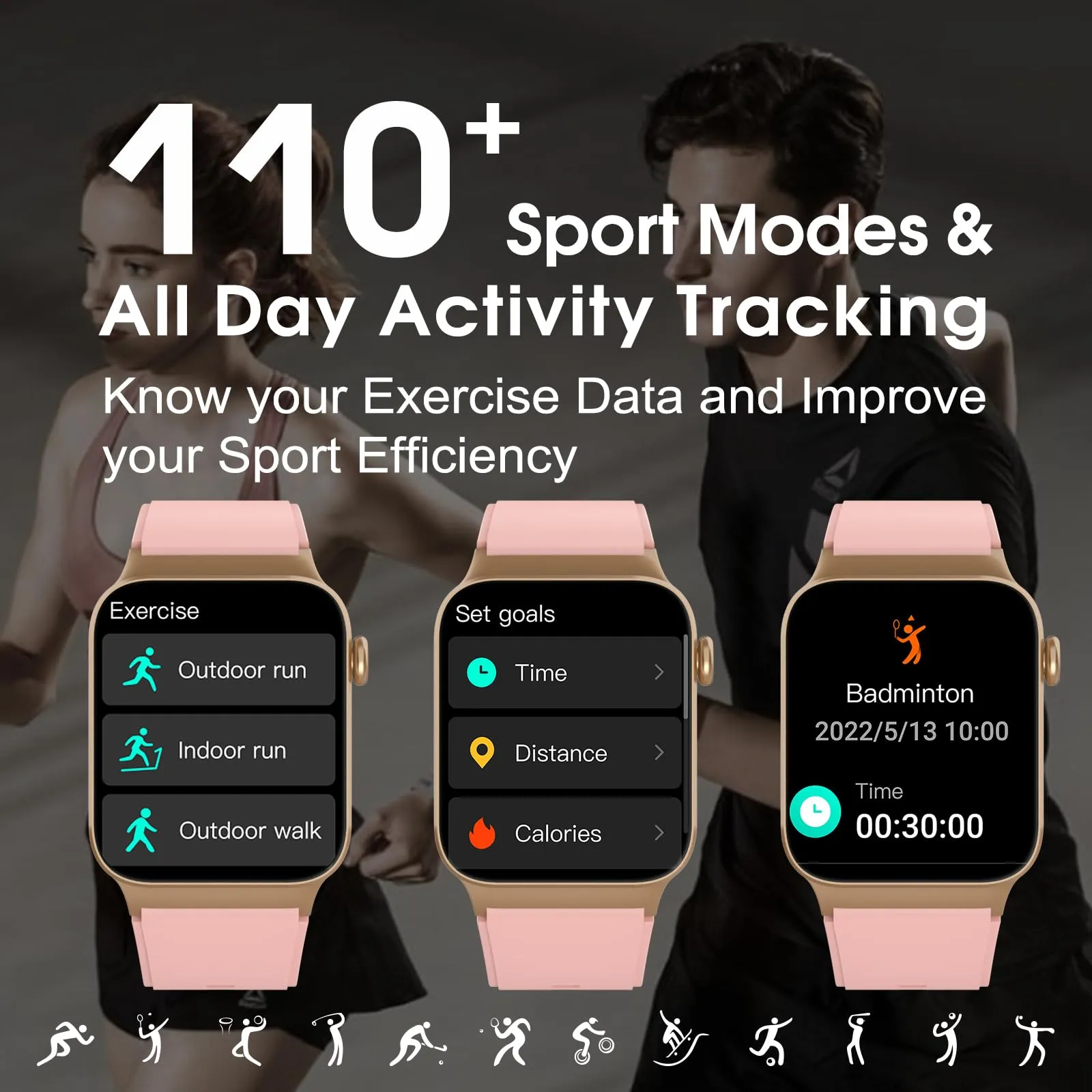 STECEi Smartwatch Uomo Donna, Schermo HD 1,85'', Chiamate Bluetooth, 112 Modalità Sportive, IP68, Rosa Oro - immagine 5