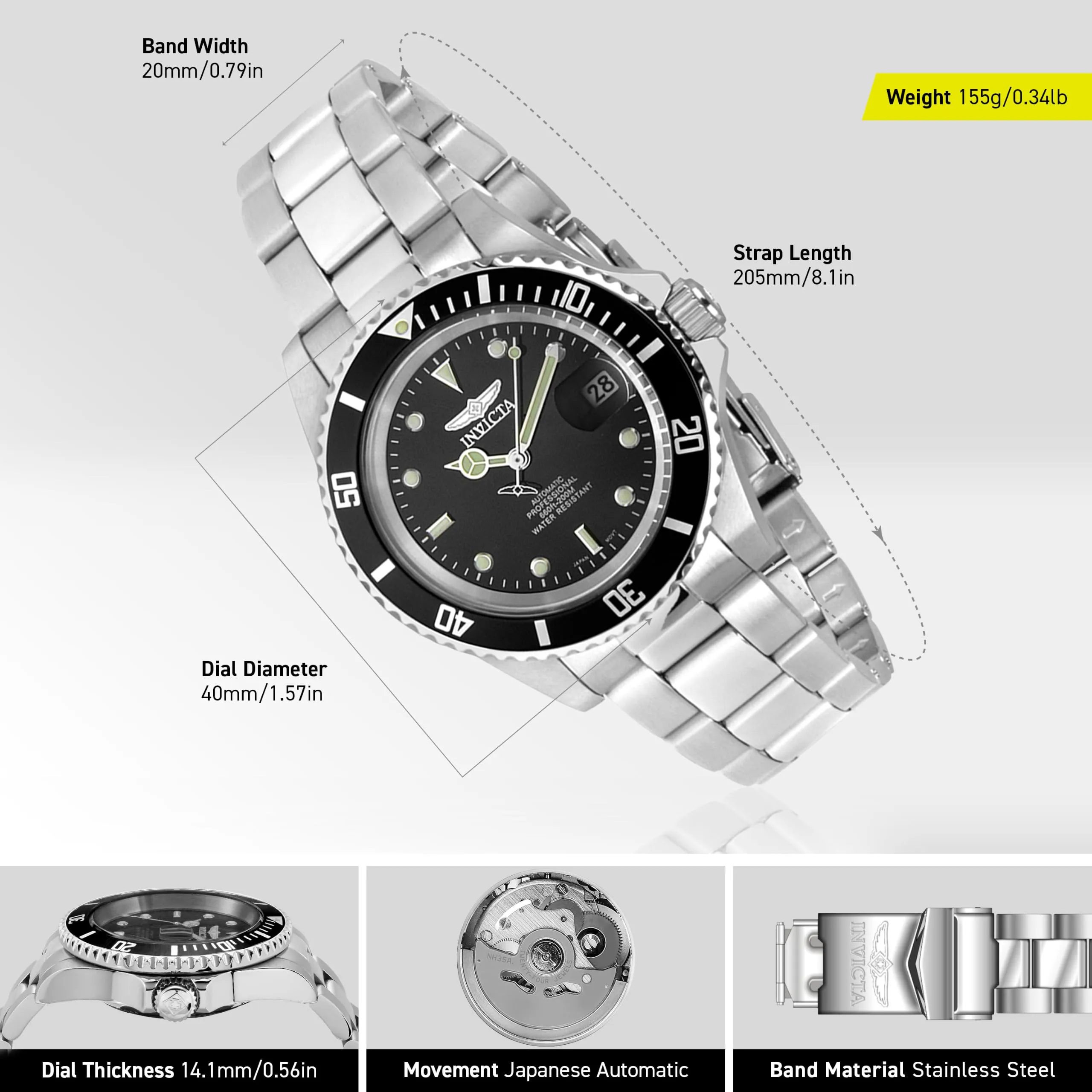 Invicta Pro Diver 8926OB Orologio da Uomo Automatico in Acciaio Inossidabile, 40 mm, Argento / Nero - immagine 3