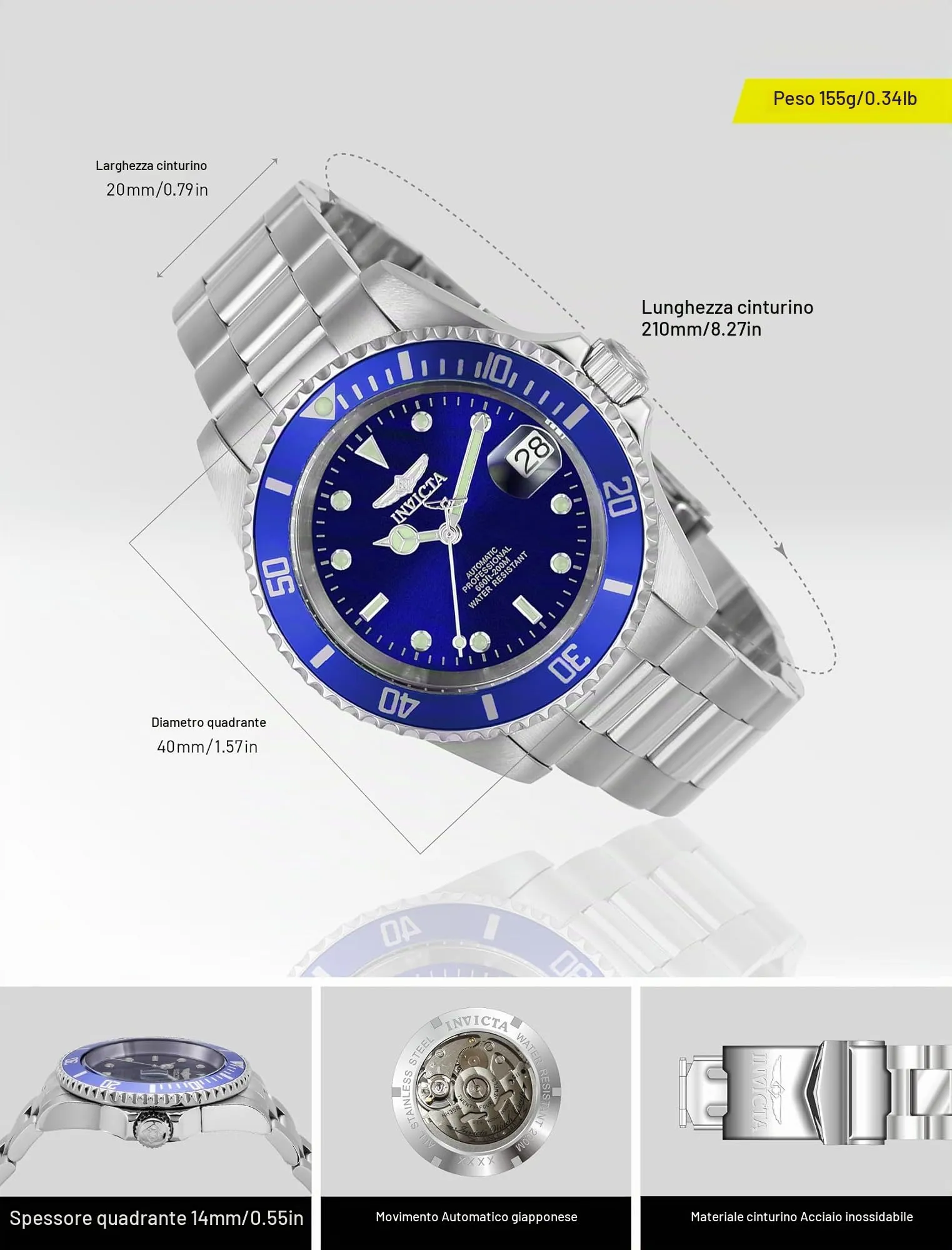 Invicta Pro Diver 9094OB Orologio Automatico da Uomo in Acciaio Inossidabile 40 mm Argento/Blu - immagine 3