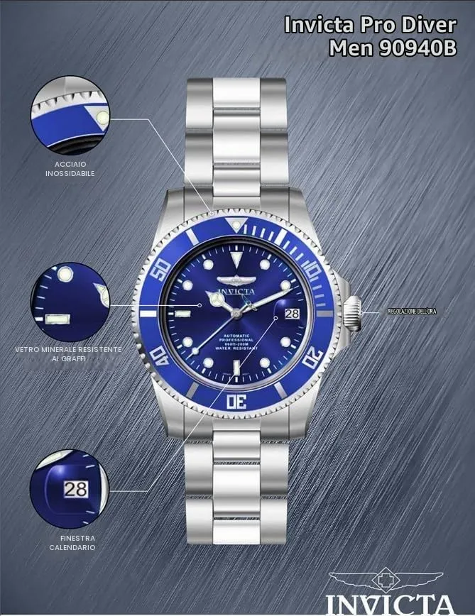 Invicta Pro Diver 9094OB Orologio Automatico da Uomo in Acciaio Inossidabile 40 mm Argento/Blu - immagine 4