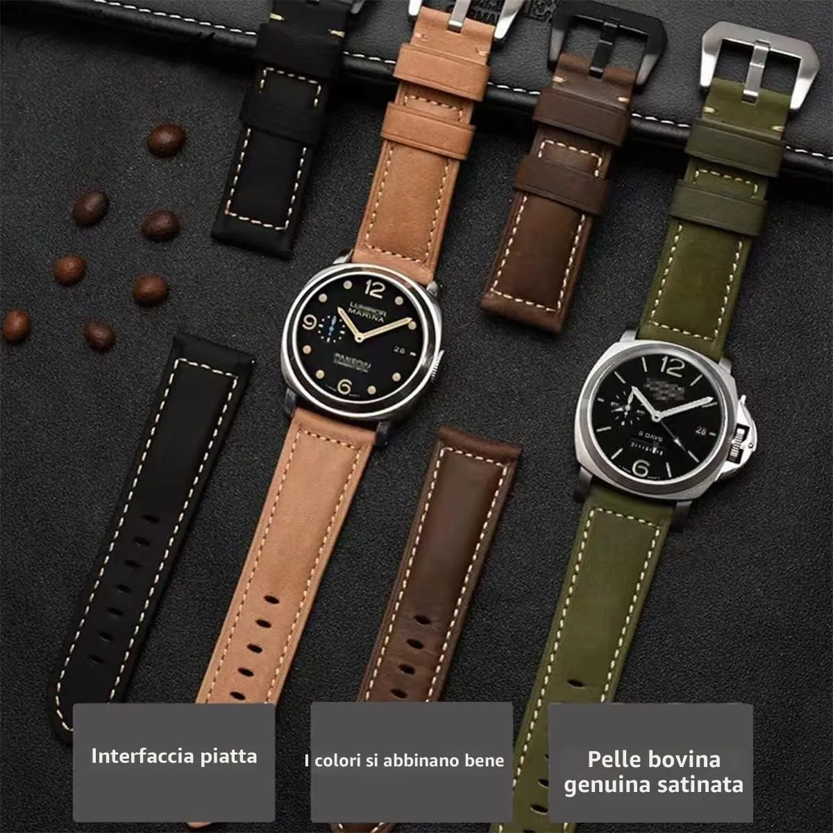 AIYIRUO Cinturino in Pelle Vintage per Orologio Uomo 26mm Verde militare-Nero stile Panerai - immagine 5