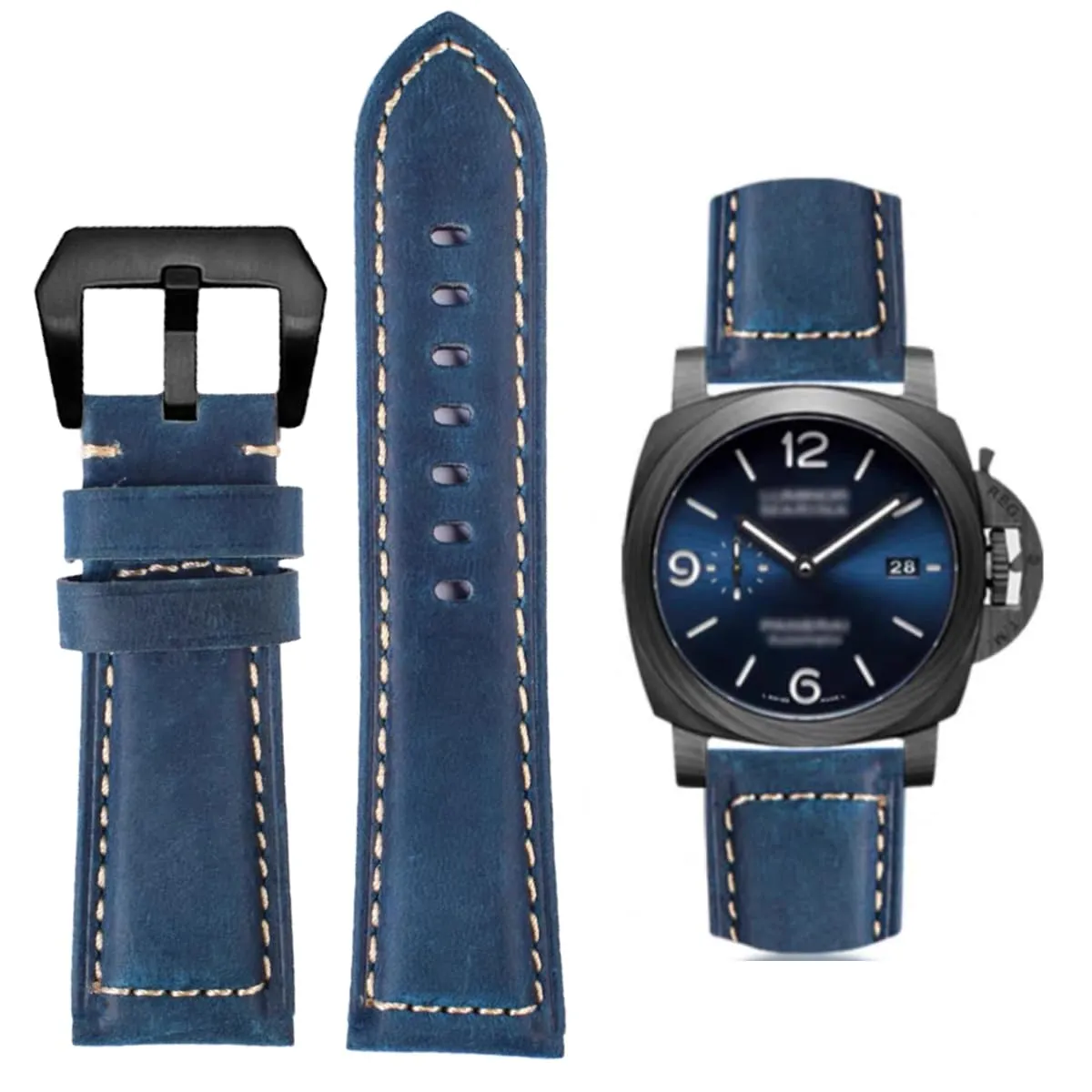 AIYIRUO Cinturino per Orologio in Pelle Vintage per Panerai, 22mm, Blu Nero - immagine 1