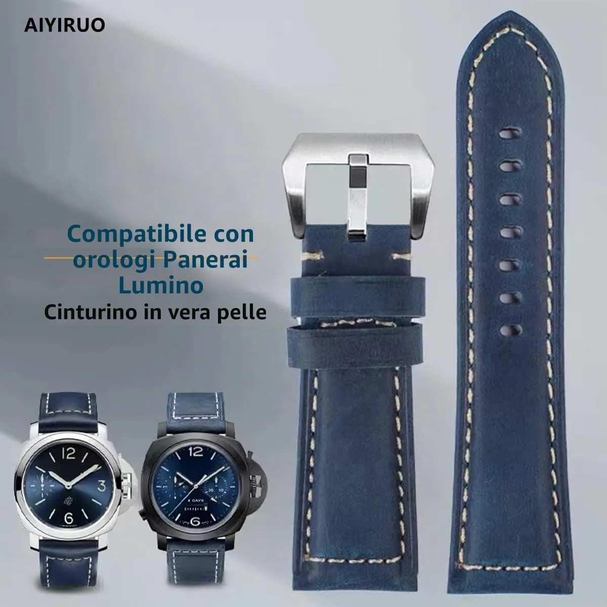 AIYIRUO Cinturino per Orologio in Pelle Vintage per Panerai, 22mm, Blu Nero - immagine 2