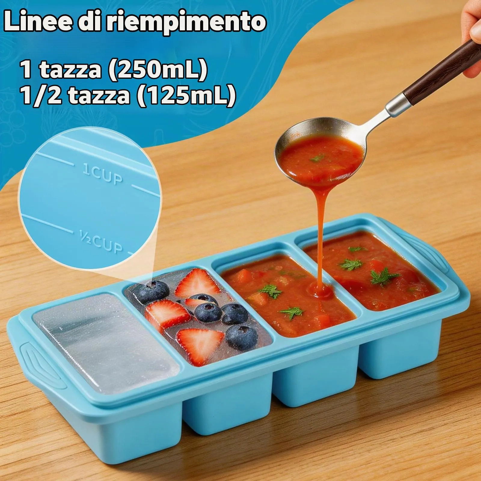 Furnsii Vassoio per Congelatore in Silicone con Coperchio, 250ml, 2 Pezzi, Blu - immagine 4