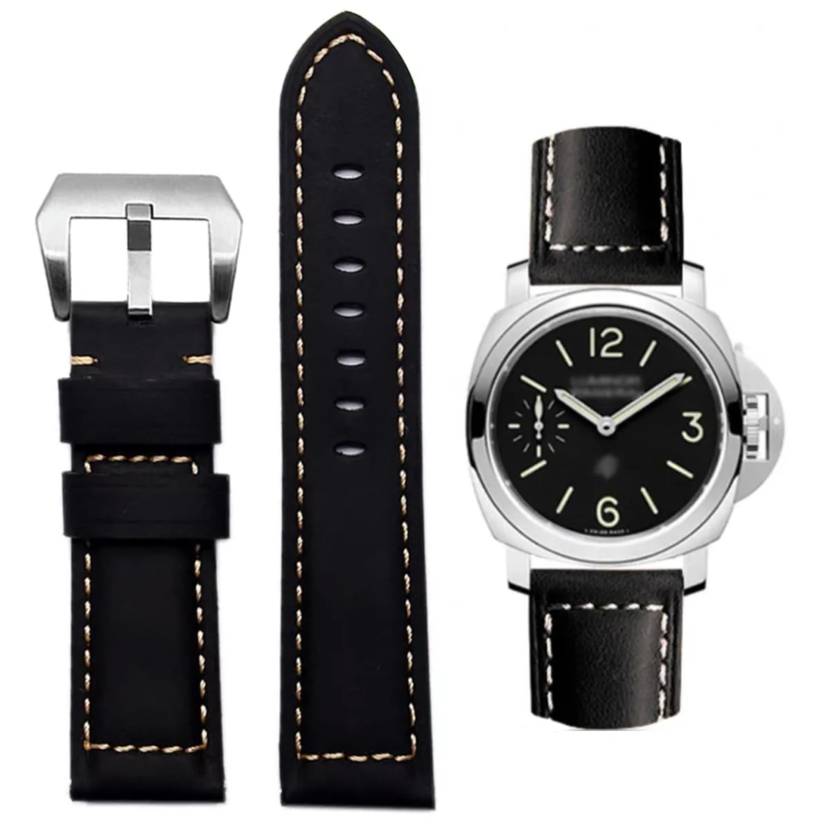 AIYIRUO Cinturino per Orologio in Vera Pelle Vintage per Panerai, 22mm, Nero - immagine 1
