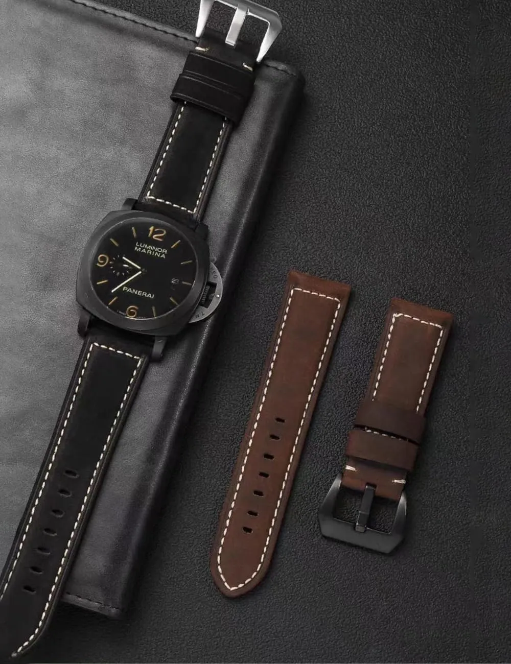 AIYIRUO Cinturino per Orologio in Pelle Vintage per Uomo 26mm Nero-Nero per Panerai - immagine 4