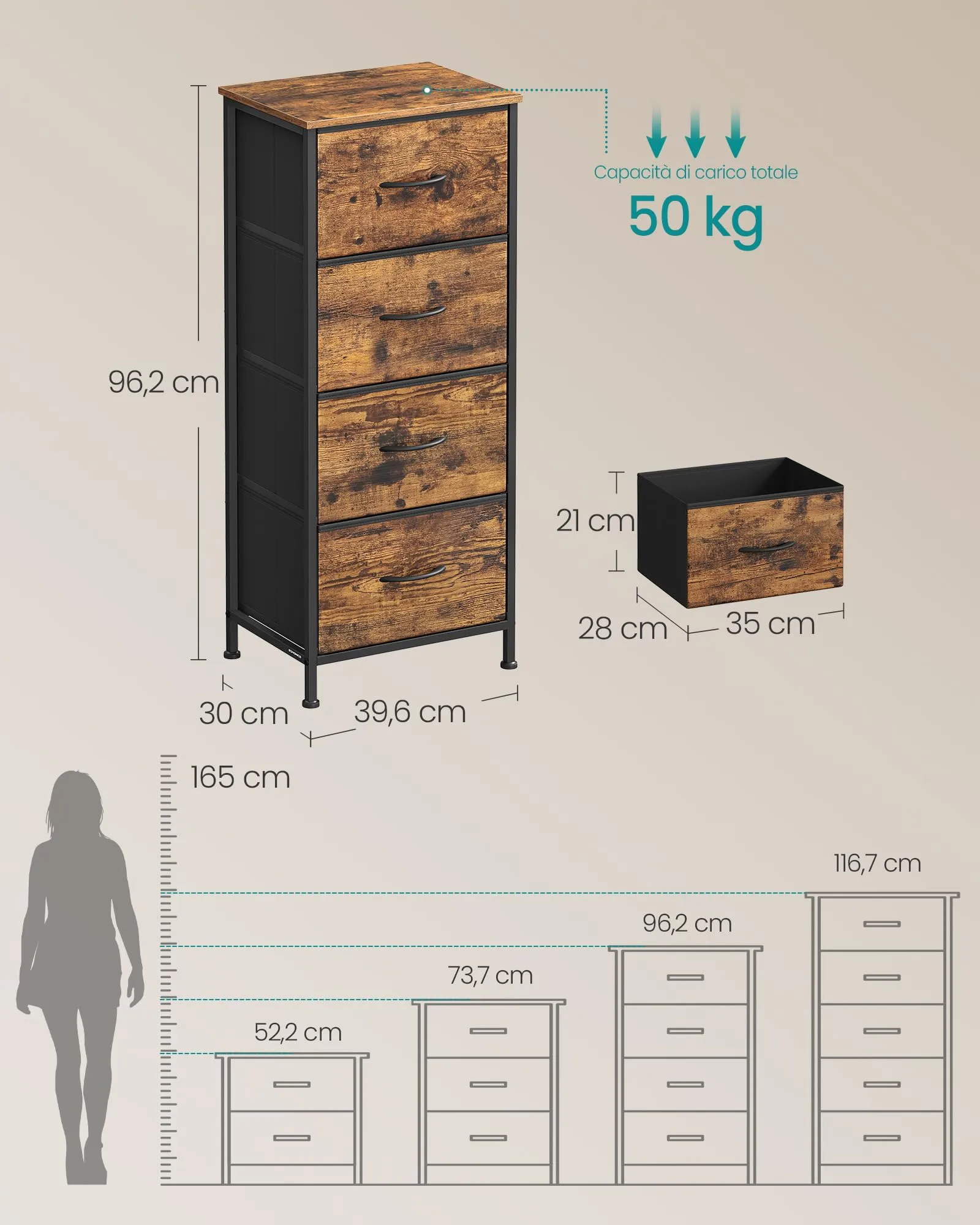SONGMICS BELLAH Cassettiera con 4 Cassetti in Tessuto, Acciaio e MDF, Marrone Rustico e Nero Inchiostro LGS314BH04 - immagine 2
