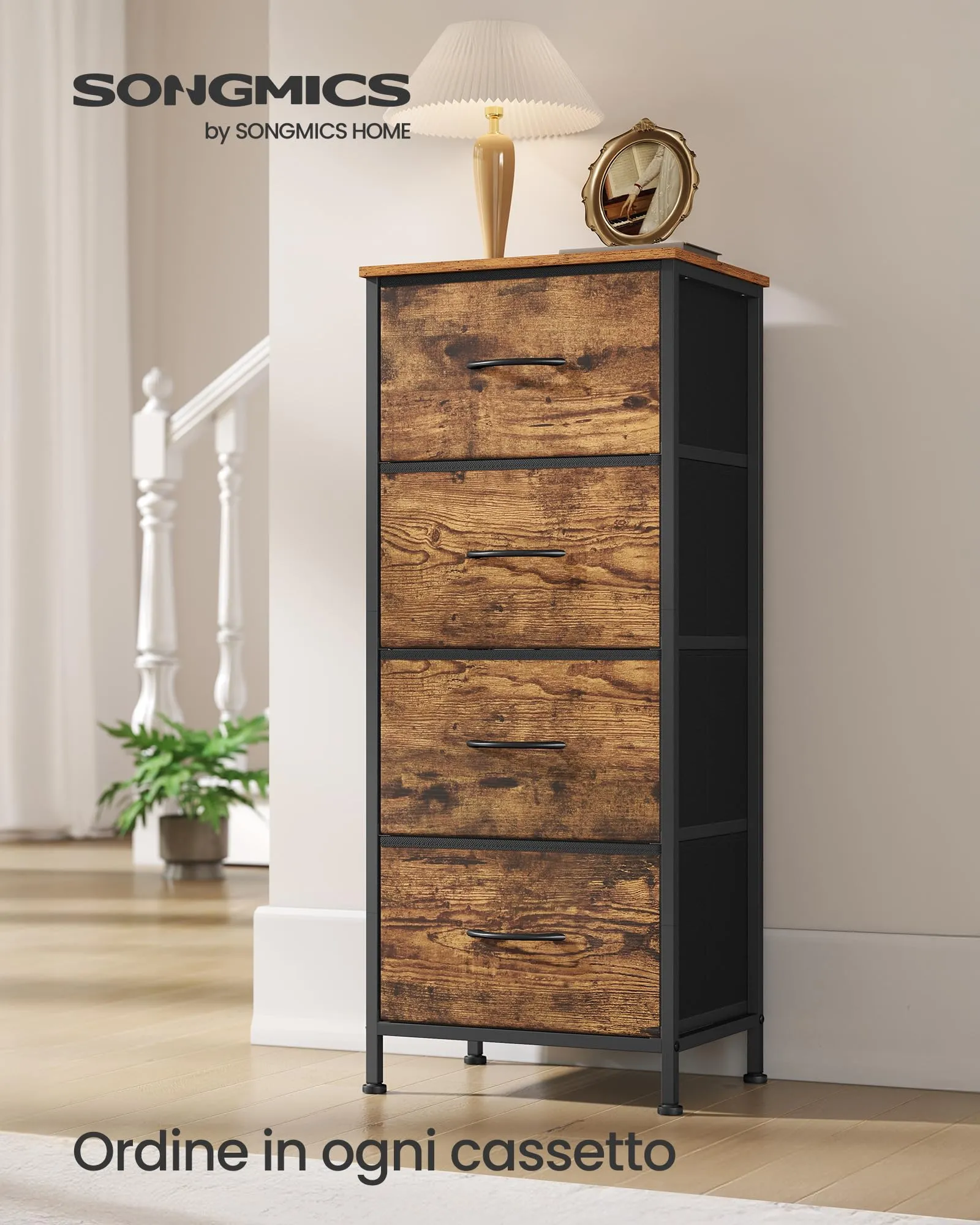 SONGMICS BELLAH Cassettiera con 4 Cassetti in Tessuto, Acciaio e MDF, Marrone Rustico e Nero Inchiostro LGS314BH04 - immagine 3
