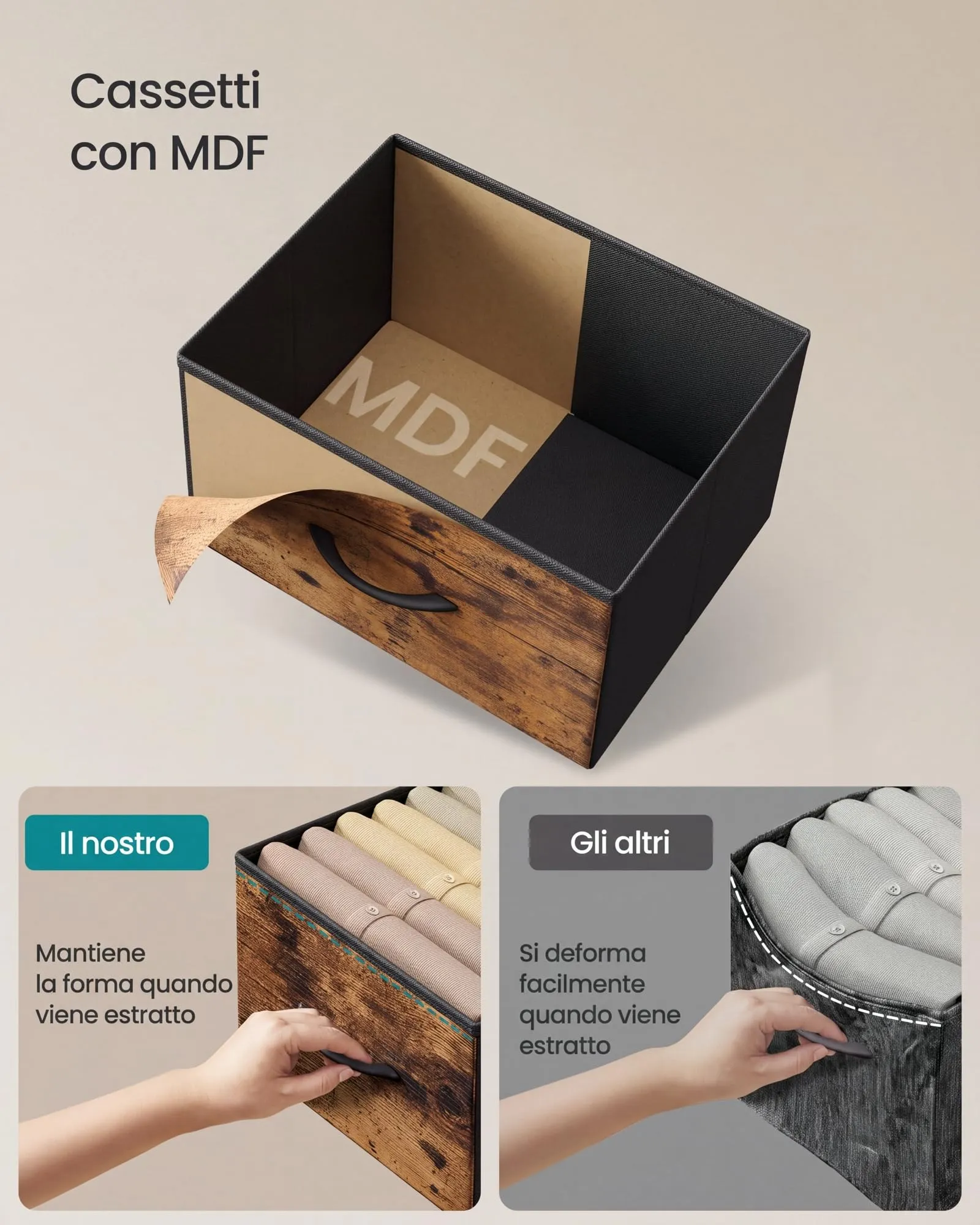 SONGMICS BELLAH Cassettiera con 4 Cassetti in Tessuto, Acciaio e MDF, Marrone Rustico e Nero Inchiostro LGS314BH04 - immagine 5