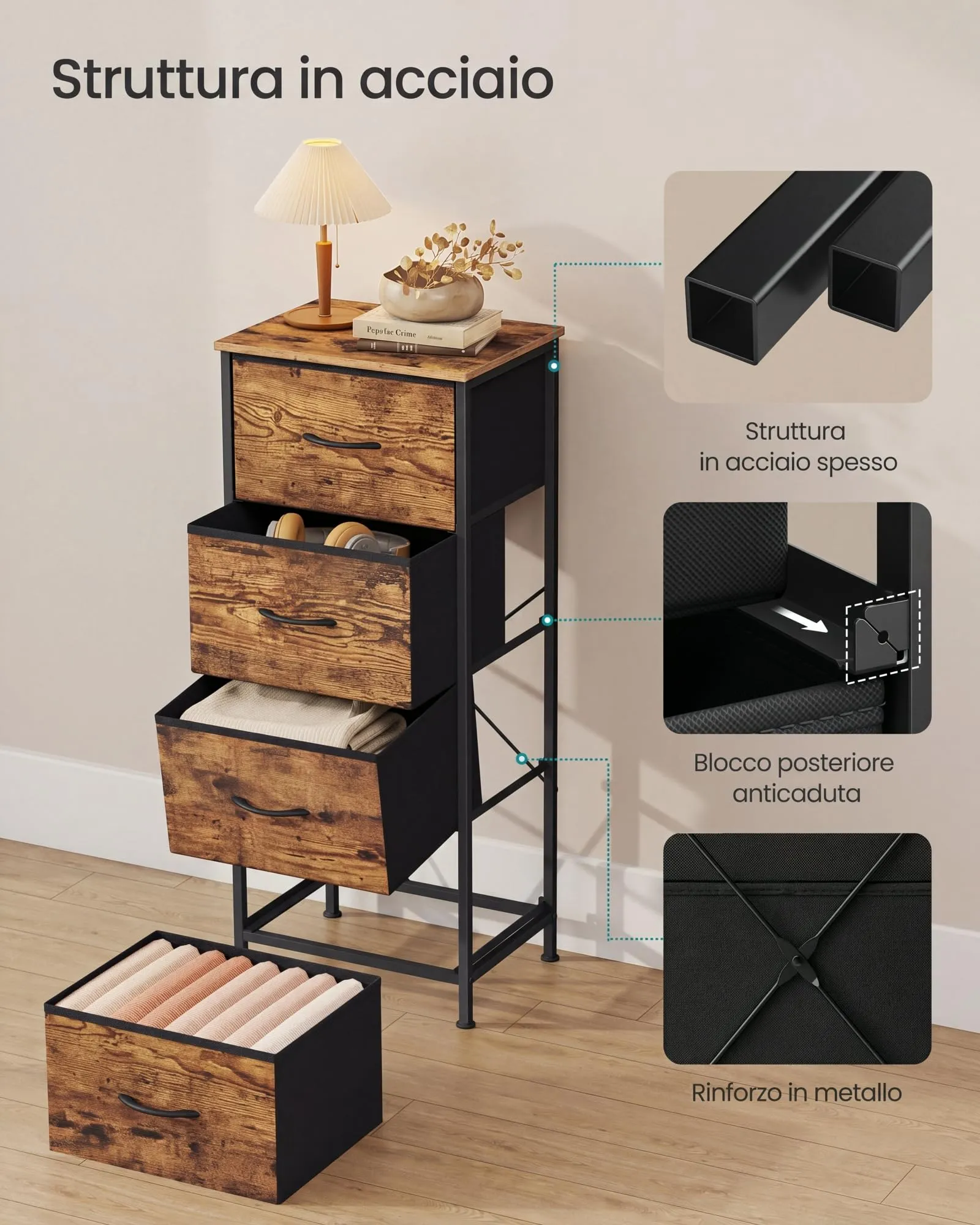 SONGMICS BELLAH Cassettiera con 4 Cassetti in Tessuto, Acciaio e MDF, Marrone Rustico e Nero Inchiostro LGS314BH04 - immagine 6