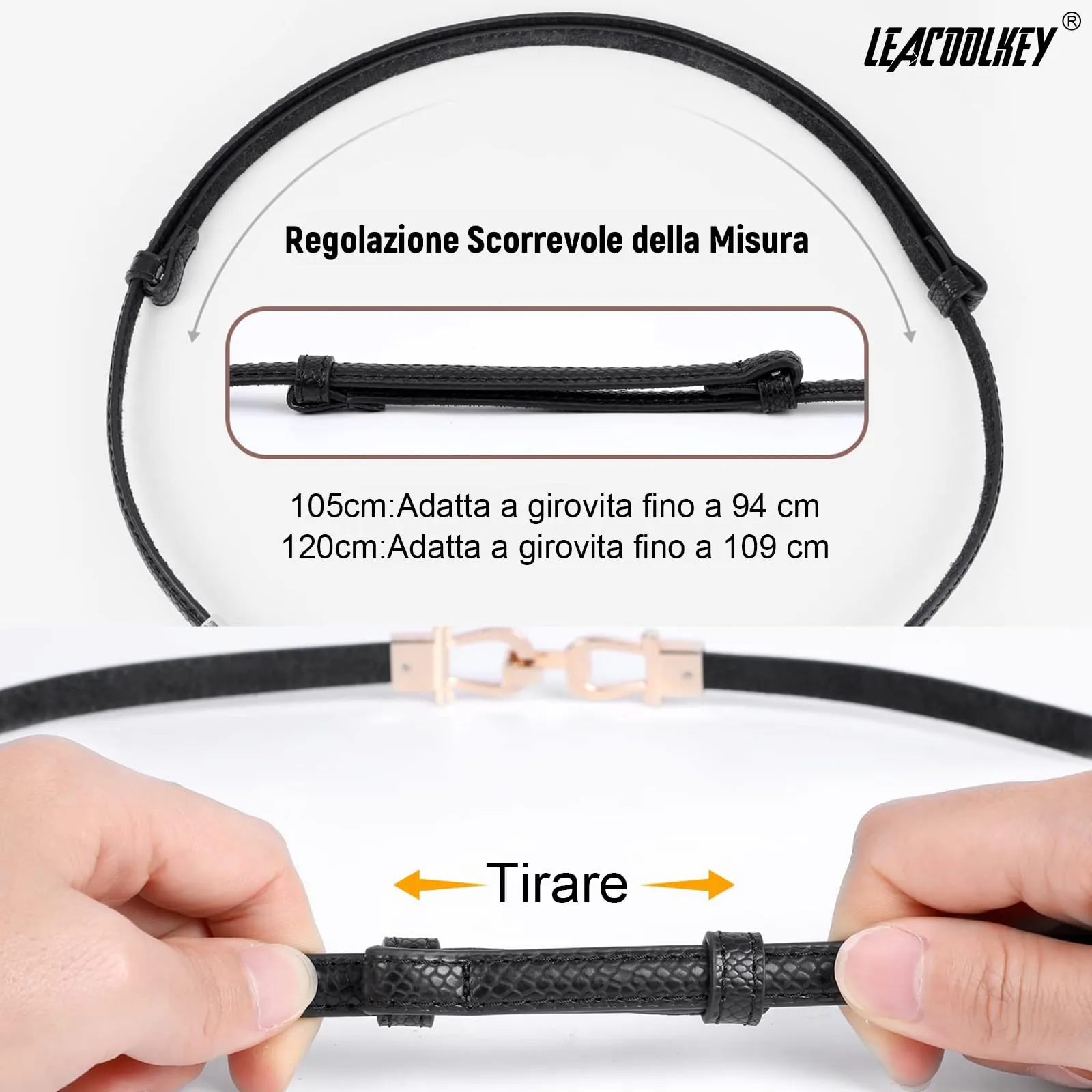 LEACOOLKEY Cintura Sottile in Pelle per Donna con Fibbia Dorata, Bianco Pelle di Serpente, 105cm - immagine 5