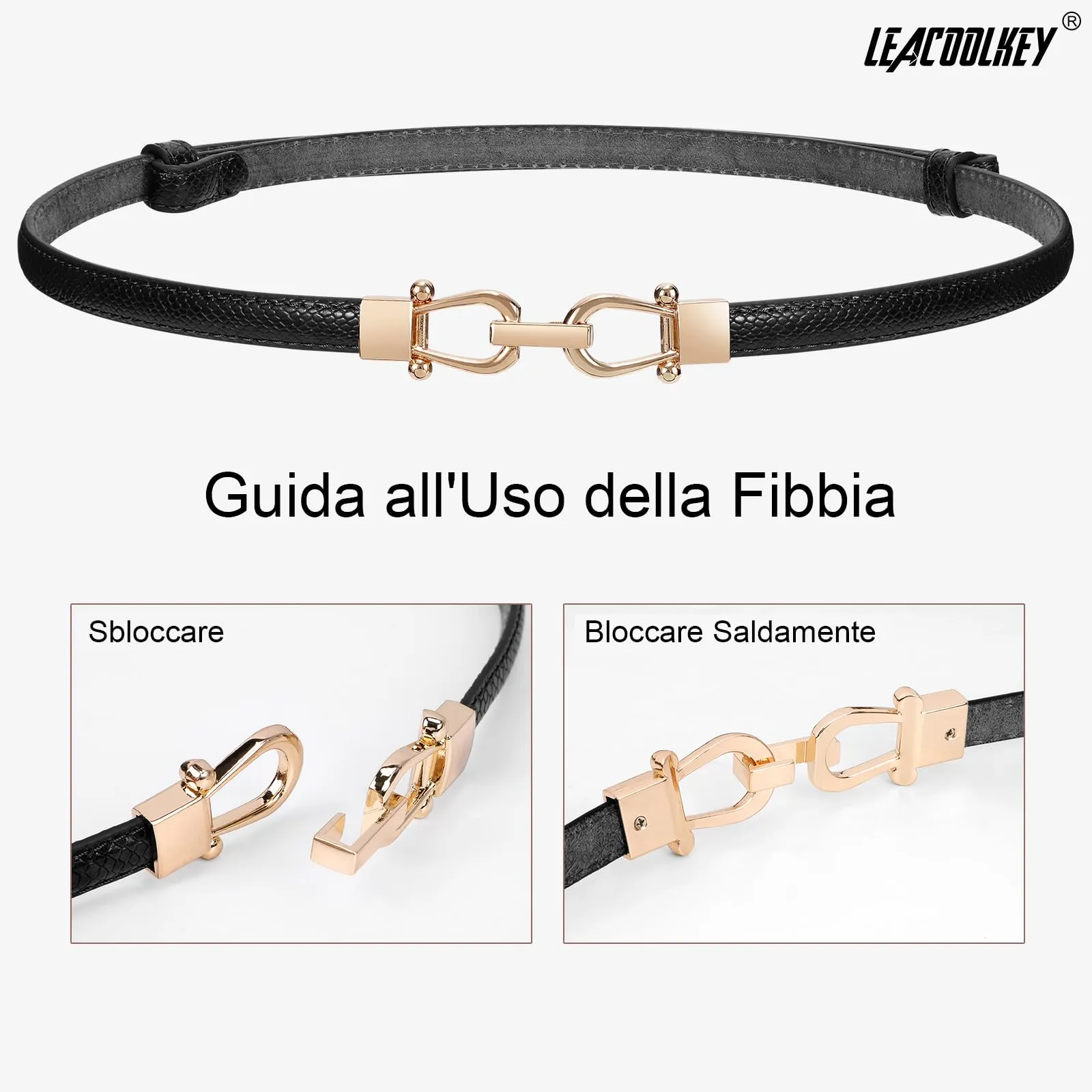 LEACOOLKEY Cintura Sottile in Pelle per Donna con Fibbia Dorata, Bianco Pelle di Serpente, 105cm - immagine 6