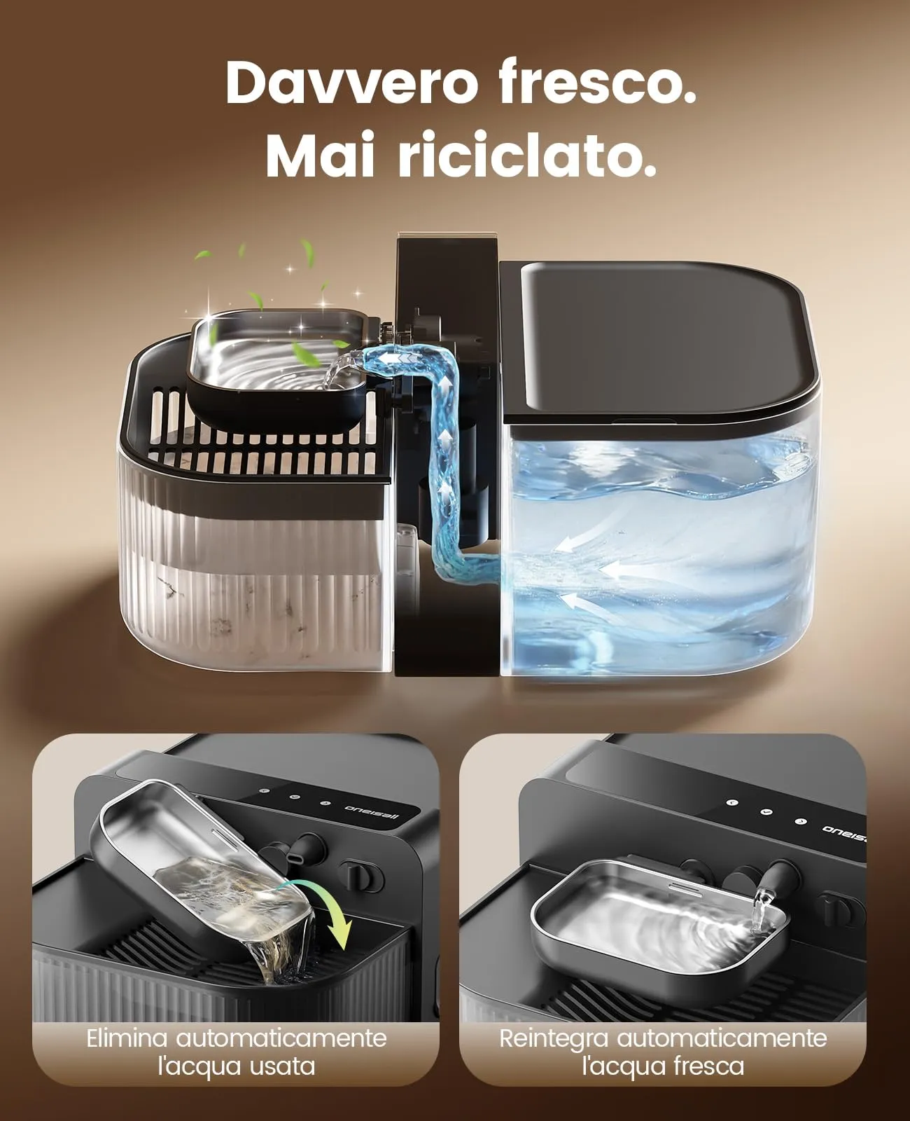 oneisall Fontana per gatti senza fili, 3,5 l, acciaio inox 304 e ABS - immagine 3
