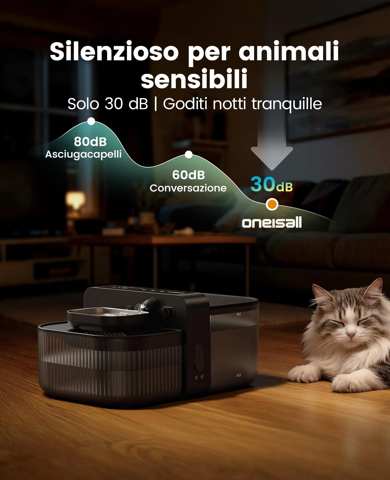 oneisall Fontana per gatti senza fili, 3,5 l, acciaio inox 304 e ABS - immagine 4