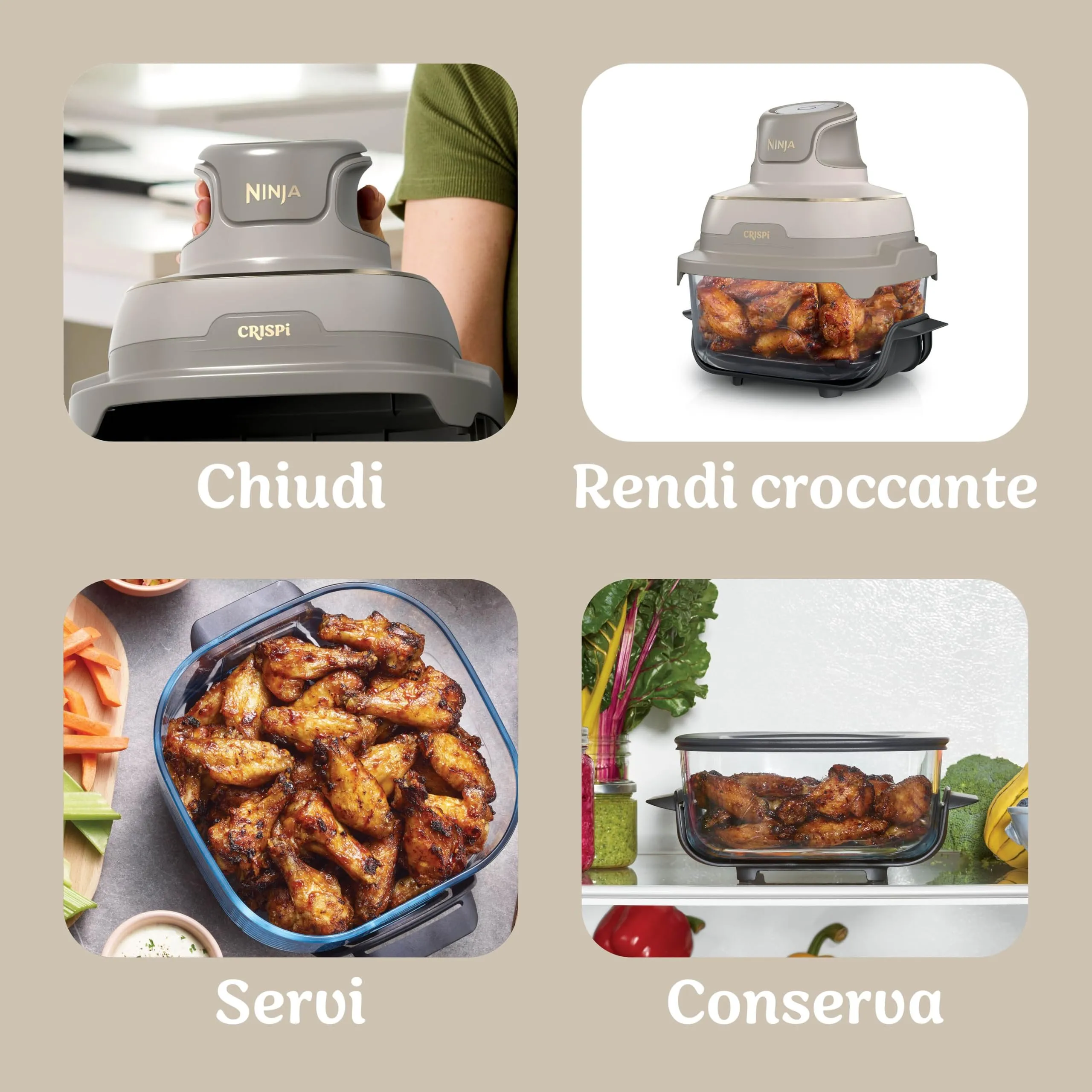 Ninja CRISPi Friggitrice ad aria 4 in 1, 1700 W, 2 contenitori in vetro 2,3 l e 3,8 l, Oro chiaro FN201EUSD1 - immagine 9