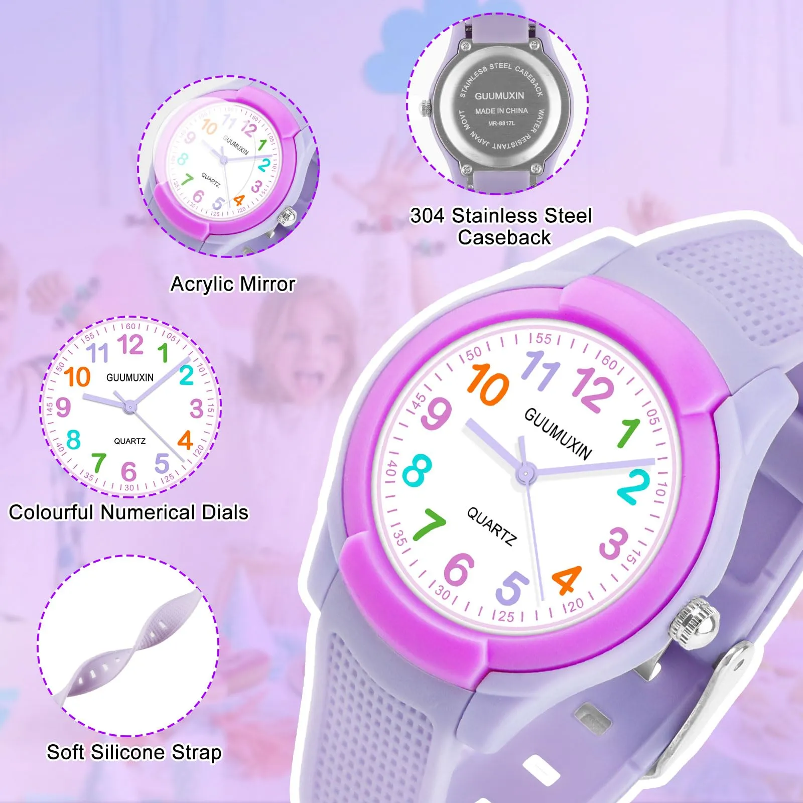GUUMUXIN Orologio Analogico per Bambini 4-12 Anni, Impermeabile 30m, Cinturino TPU - immagine 3