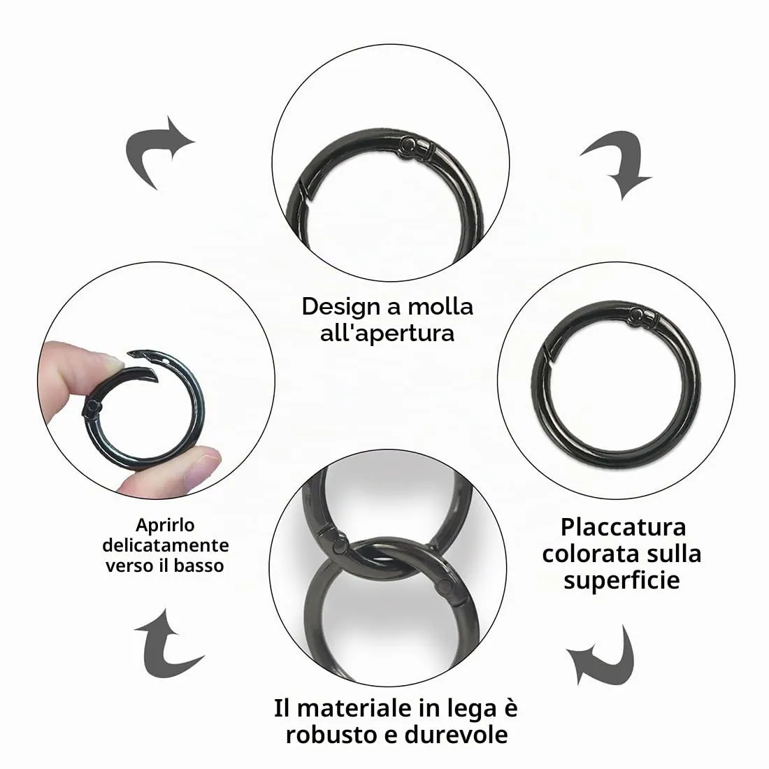 JEYORZY Moschettoni per Borse e Portachiavi, Anelli a Molla Rotondi in Lega di Zinco, 18 Pezzi, Nero - immagine 3