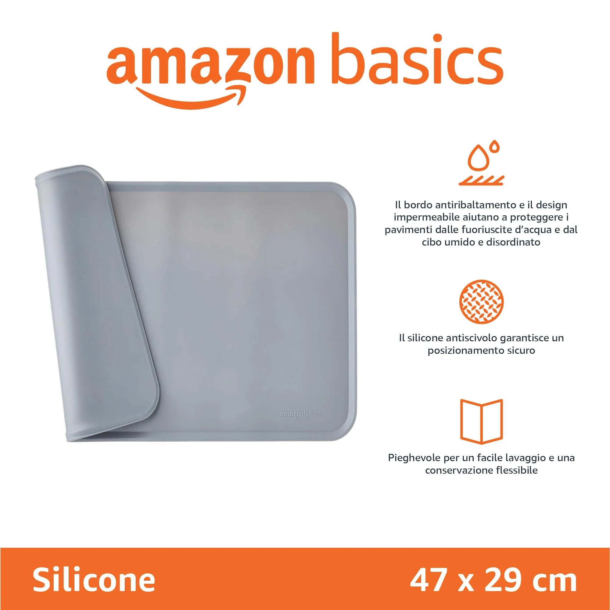 Amazon Basics Tappetino Sottociotola per Animali Domestici in Silicone, Impermeabile, 47 x 29 cm, Grigio - immagine 2