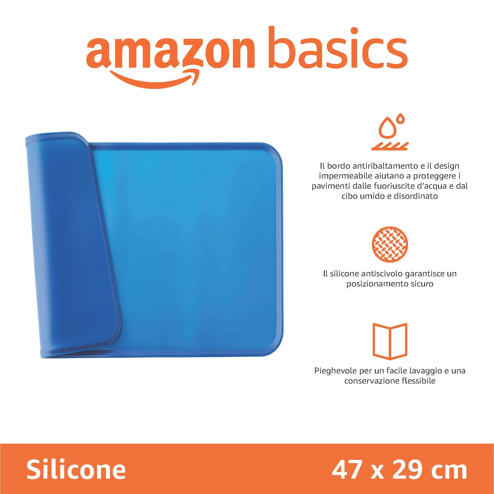 Amazon Basics Tappetino Sottociotola per Animali Domestici in Silicone, Impermeabile, 47 x 29 cm, Blu - immagine 2