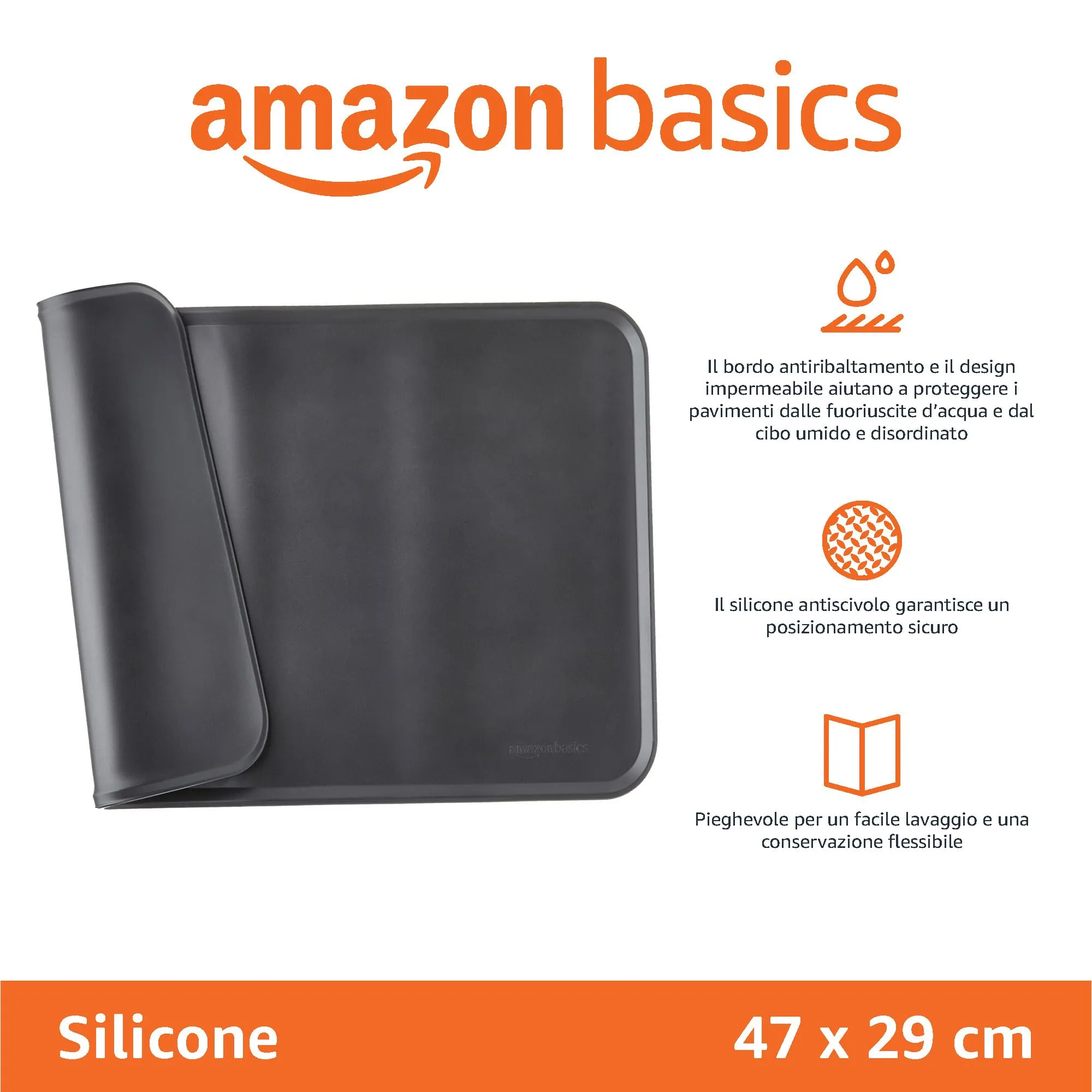 Amazon Basics Tappetino Sottociotola per Animali Domestici in Silicone, Impermeabile, 47 x 29 cm, Nero - immagine 2