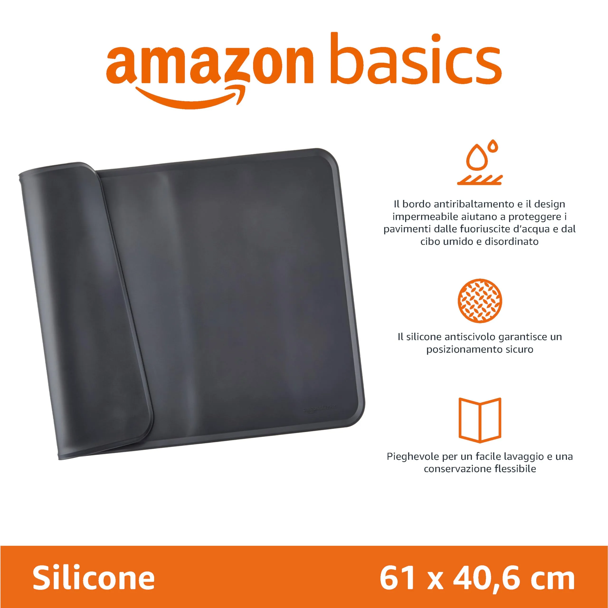 Amazon Basics Tappetino Sottociotola per Animali Domestici in Silicone, Impermeabile, 61 x 41 cm, Nero - immagine 2