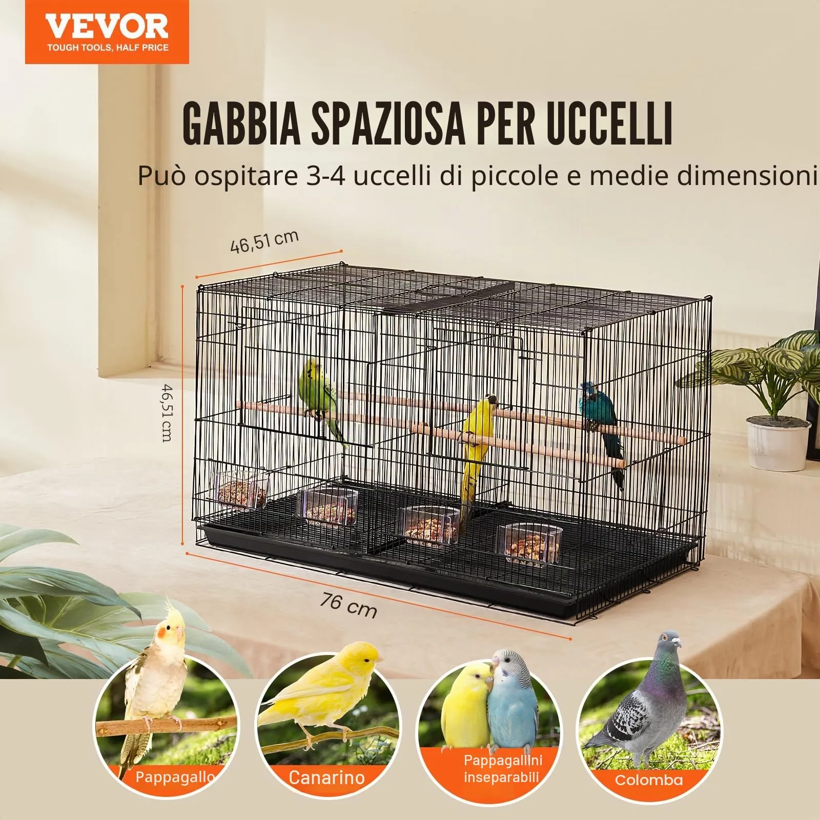 VEVOR Gabbia per Uccelli in Metallo con Divisorio, 760 x 465 x 465 mm, Nero - immagine 2