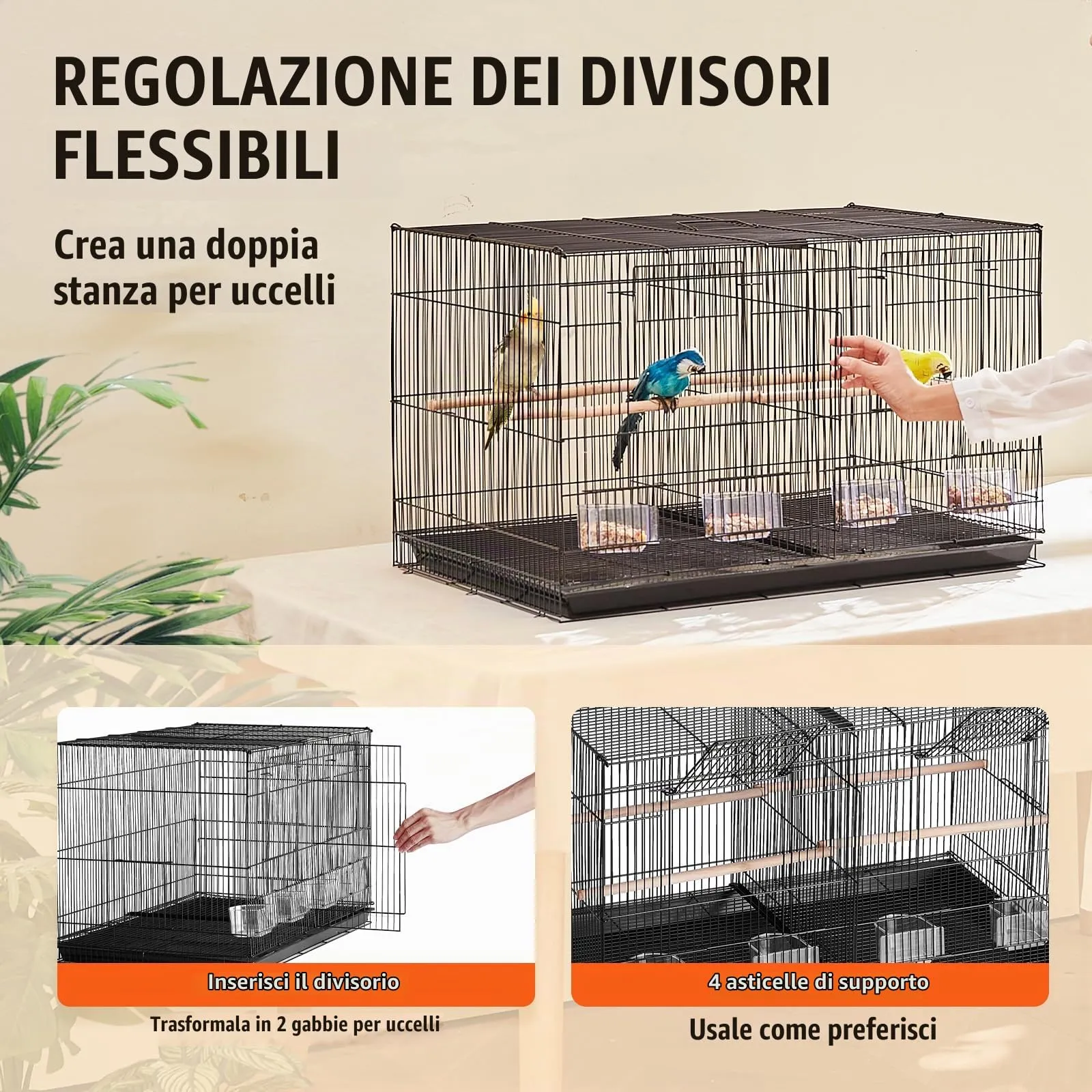 VEVOR Gabbia per Uccelli in Metallo con Divisorio, 760 x 465 x 465 mm, Nero - immagine 3