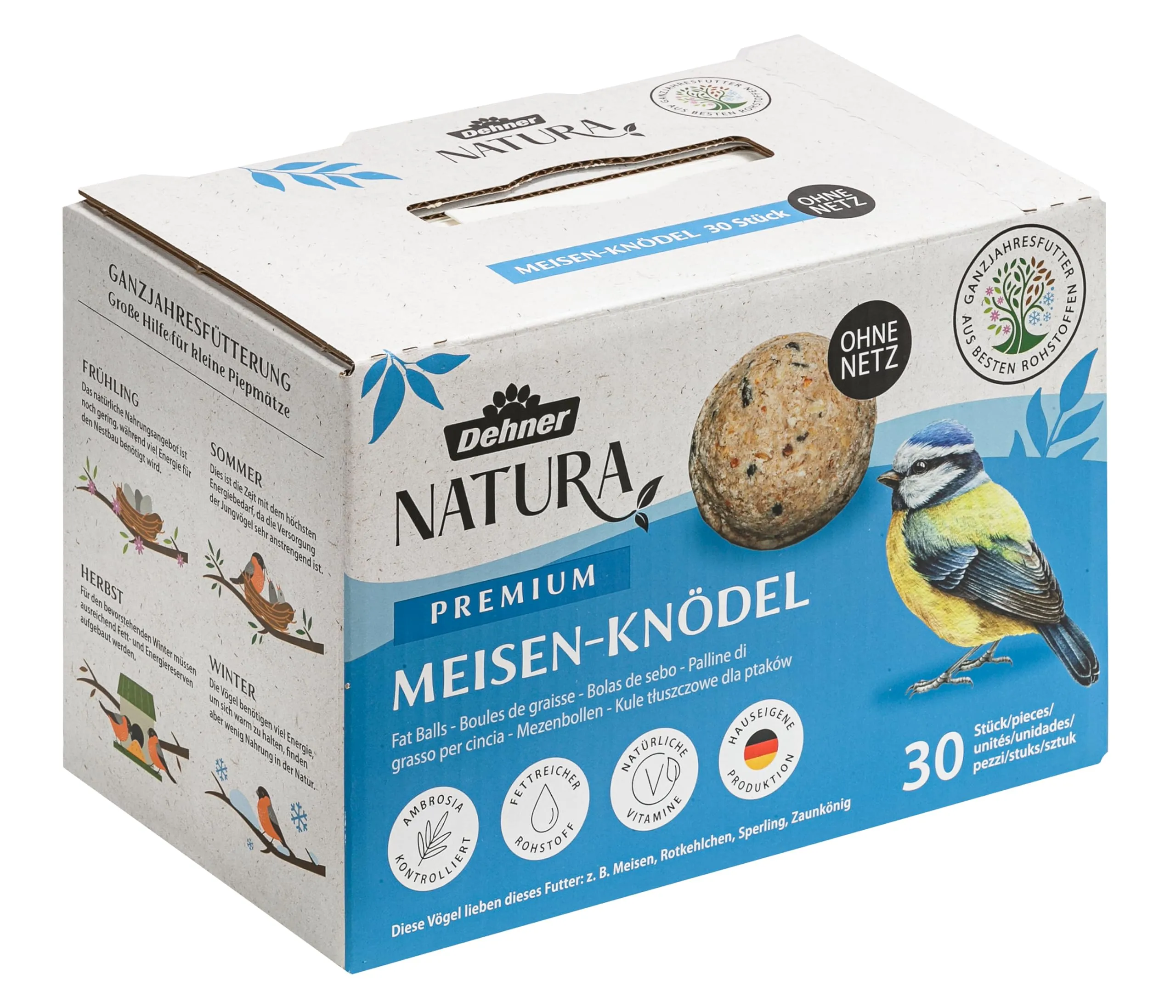 Dehner Natura Premium Mangime per uccelli selvatici, palline per cinciallegre, senza rete, 30 pezzi x 90 g (2,7 kg) - immagine 1